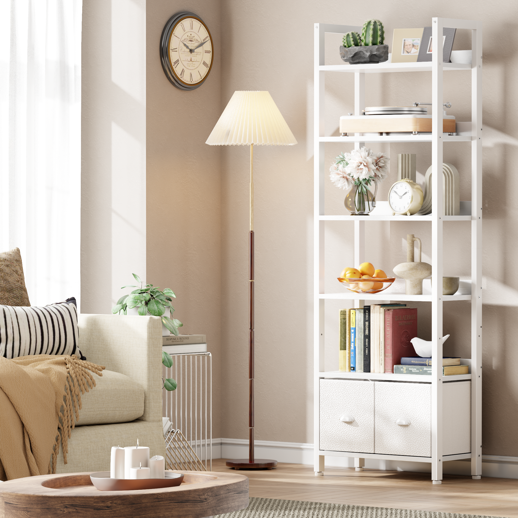 Modern 71 Inch Tall 6 Tier Bookshelf with Two Drawers Wooden Metal Freestanding Bookcase Display Storage Organizer for Home Office Living Room White