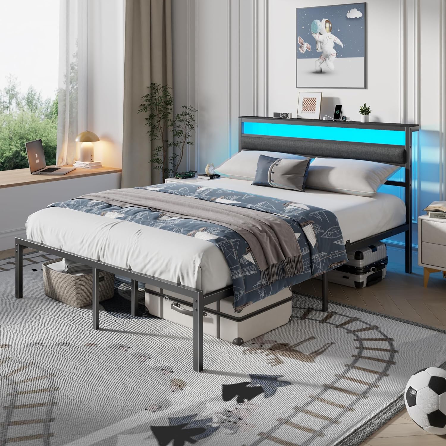 Queen Bed Frame with Led Lights and Charging Station Bed  Frame with Headboard and Under Bed Storage Metal Platform Bedframe and Storage Shelf
