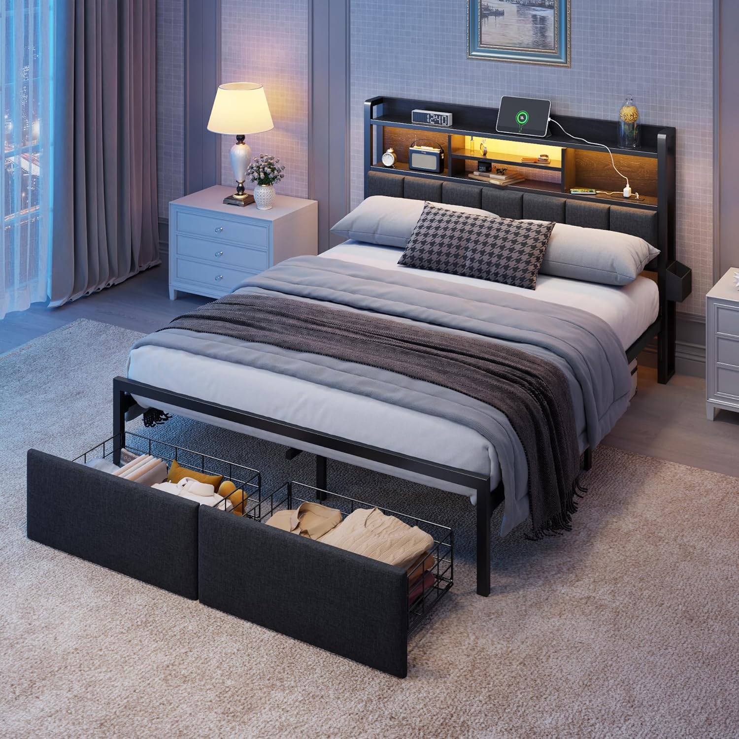 Furnulem Full  Bed Frame with Storage Drawers  Upholstered Headboard with Storage Shelf  LED Lights and Charging Station  Metal Platform Bed Frame