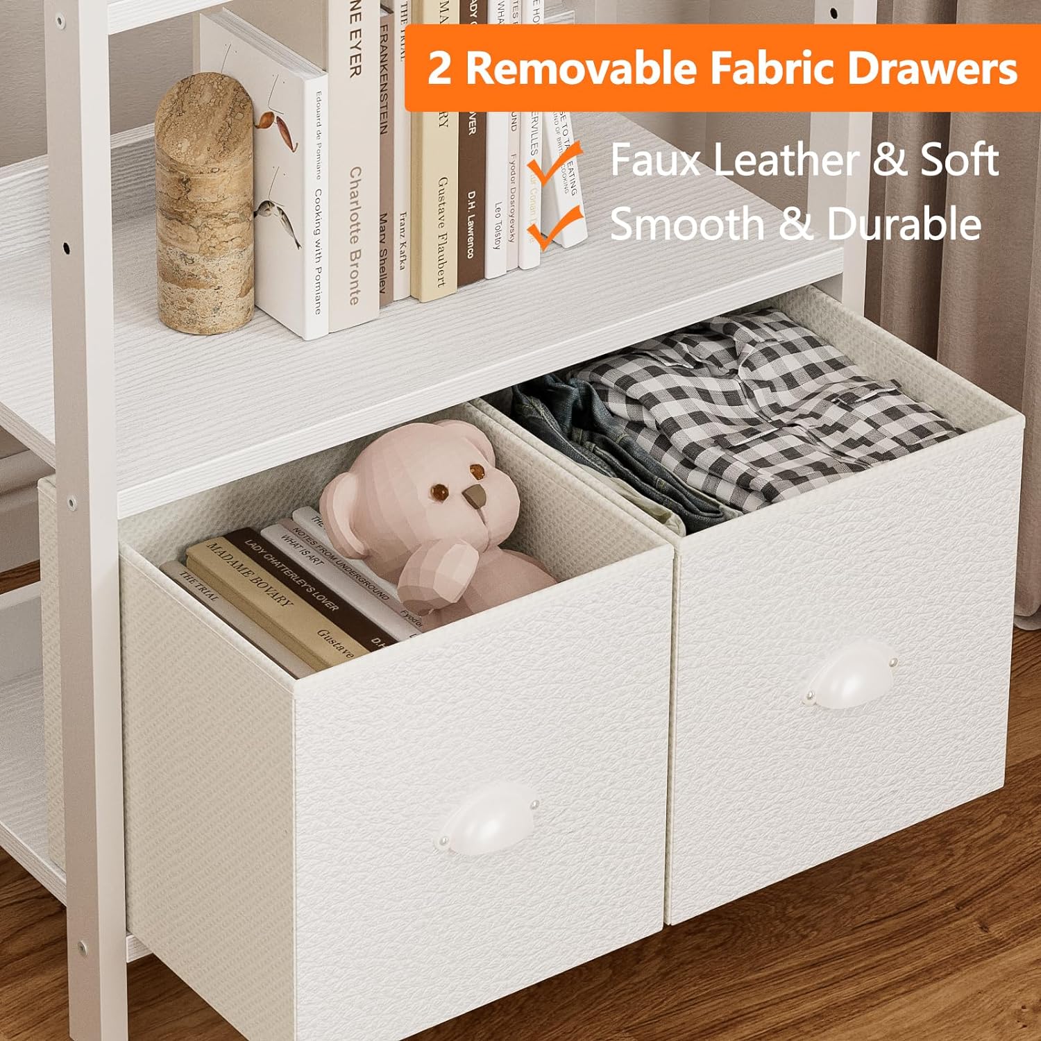 Qwatto 5 Tier Bookshelf with Drawers White Tall Wood and Metal Bookcases Modern Industrial Storage Organizers Display Shelving Unit Office Furniture