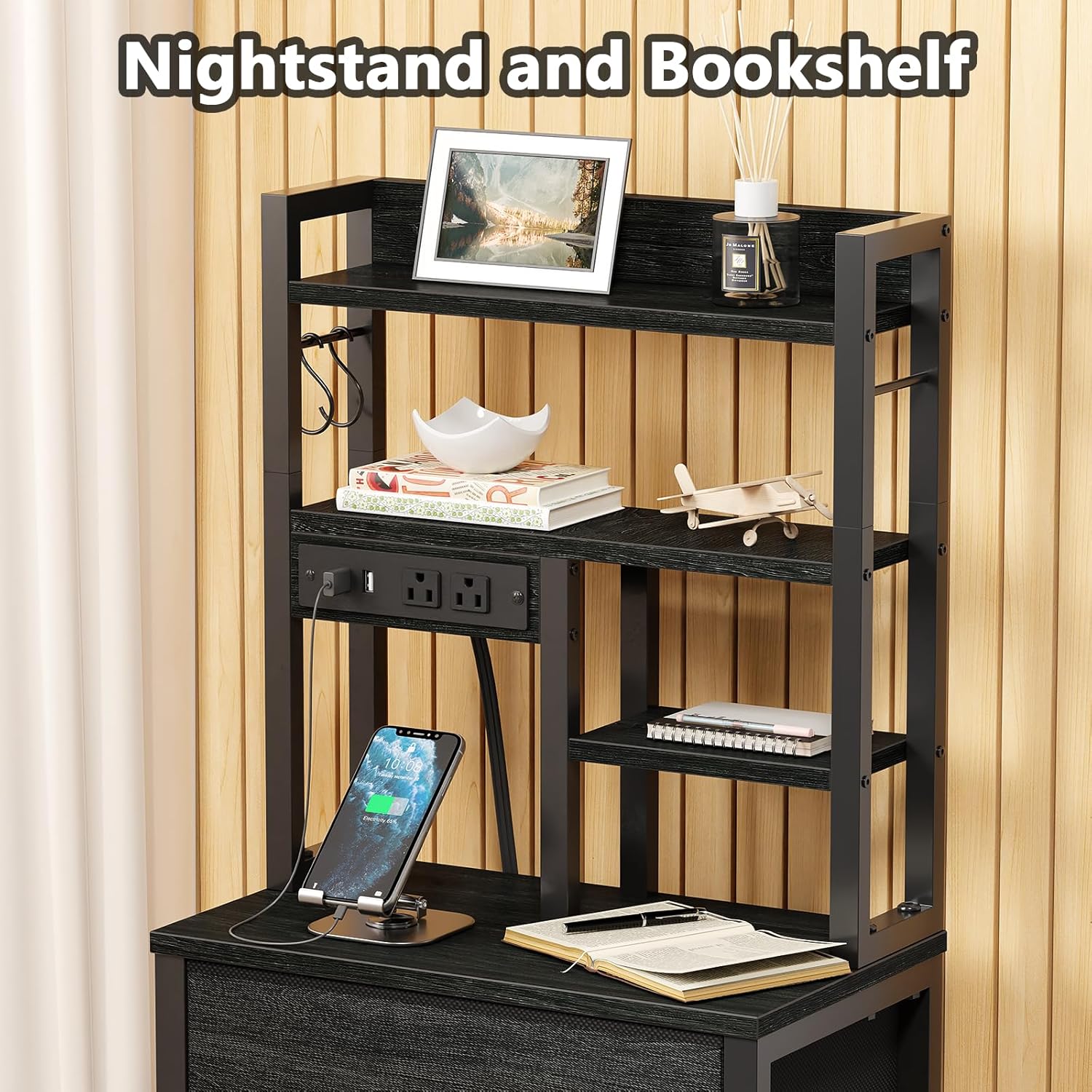 Qwatto Bedside Table with Charging Station and USB Port 4 Drawer Tall Nightstand with Shelves for Bedroom Dorm Wood Metal End Table Brown Oak Finish