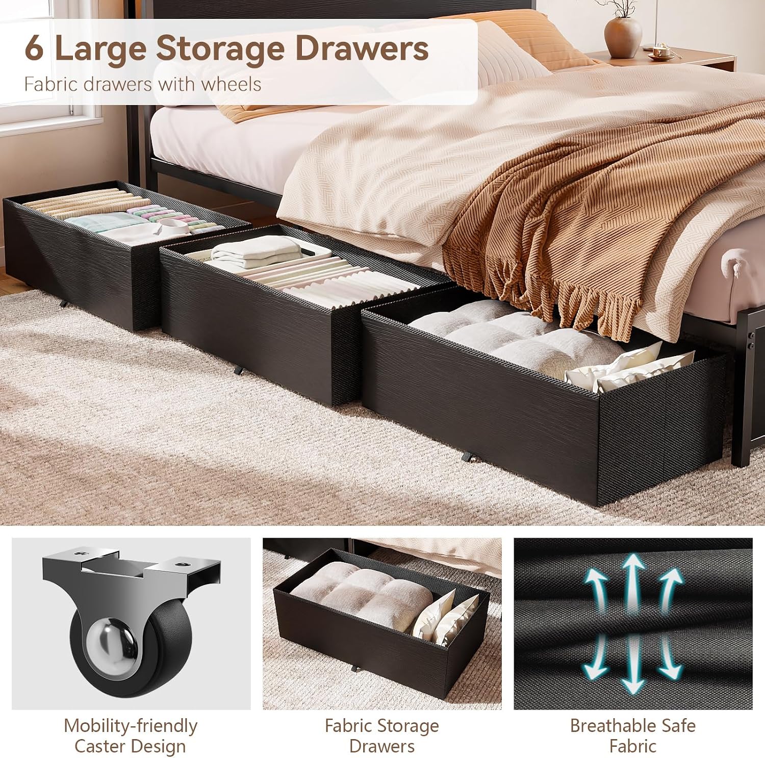 Qwatto Queen Bed Frame 6 Drawers Storage Headboard LED Lights Charging Station Metal Platform Bed Black No Box Spring Needed Noise Free 2 Tier USB Shelf