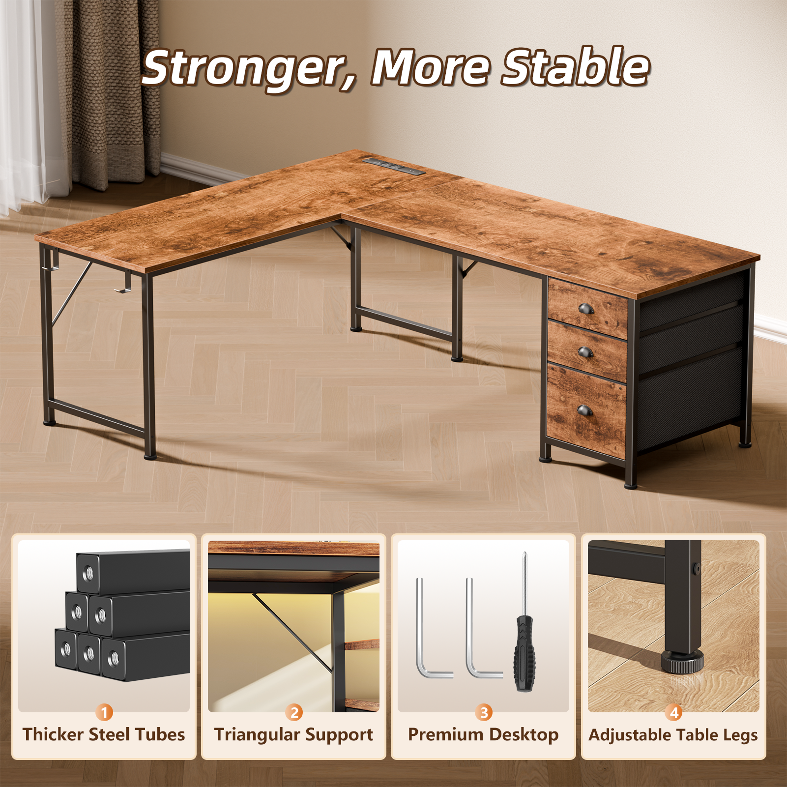 Qwatto Brown 63 Inch L Shaped Corner Computer Desk with Power Outlets and USB C Ports File Fabric Drawers Storage Workstation for Home Office Rooms
