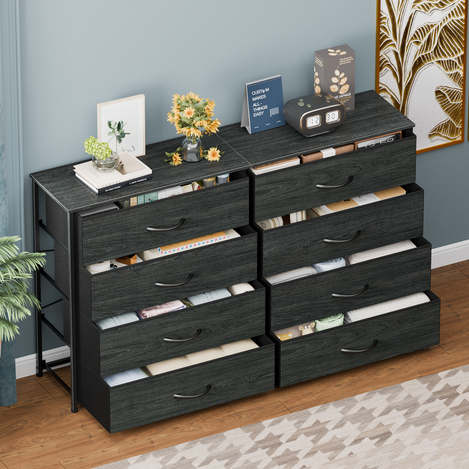 Wide Fabric Dresser for Bedroom 8 Drawer Storage Chest 55 Inch TV Stand Entertainment Center Wood Top Organizer Unit Living Room Hallway Furniture