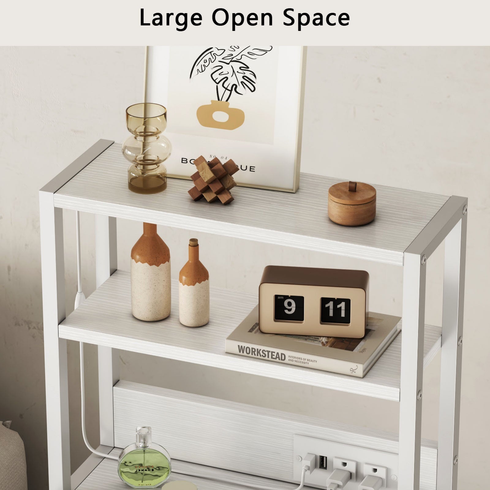 Furnulem Night Stand, Tall Nightstand with 4-Tier Shelves and 3 Fabric Drawers