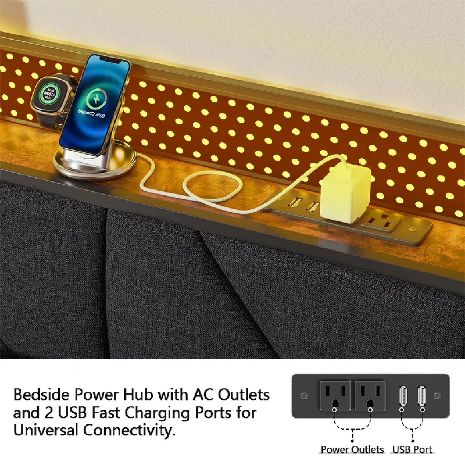 Furnulem LED Bed Frame with Upholstered Headboard and Charging Station