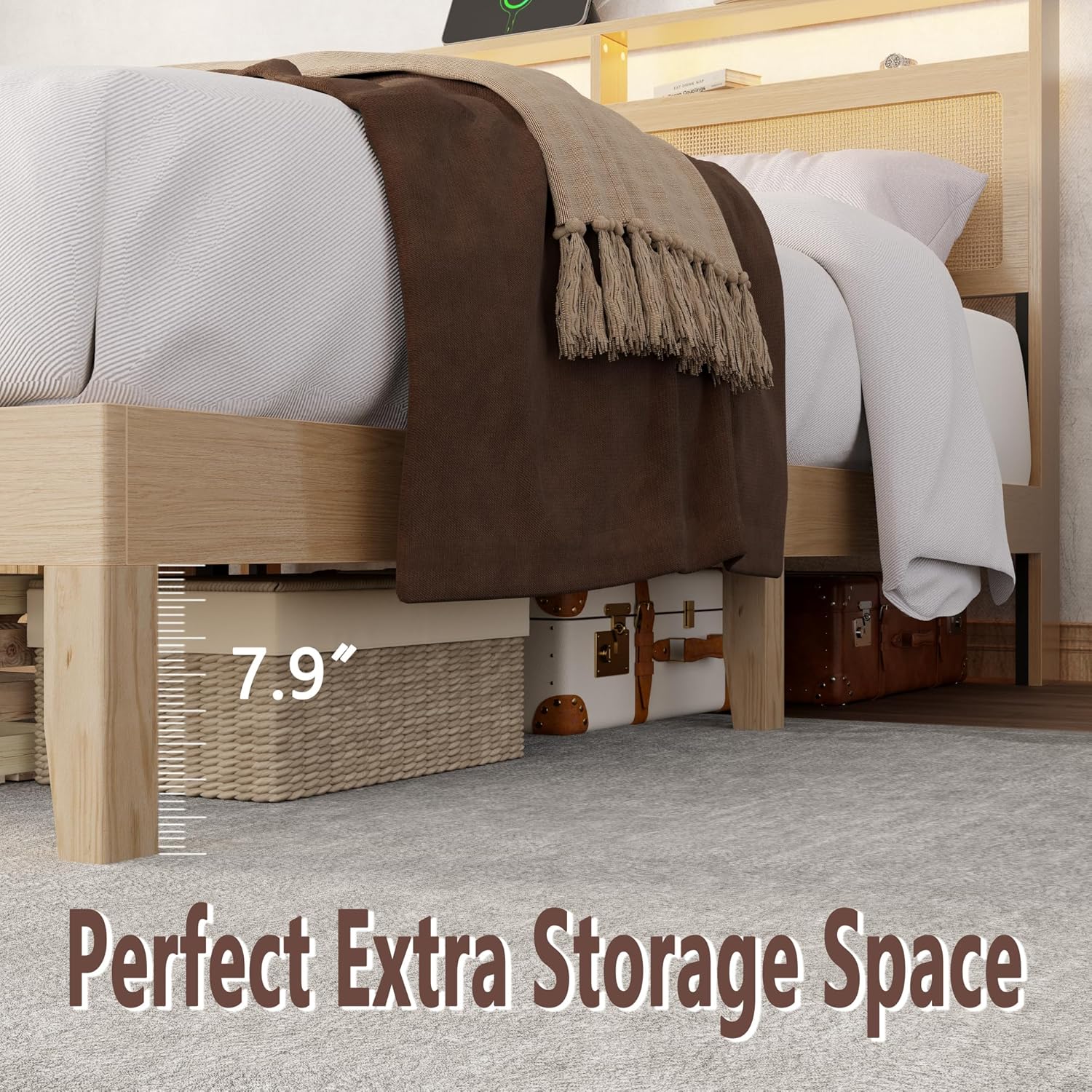 Queen Size Bed Frame Rattan Headboard with LED Lights and Charging Station Boho Bedframe with Storage Shelf and Under Bed Storage Solid Wood Support