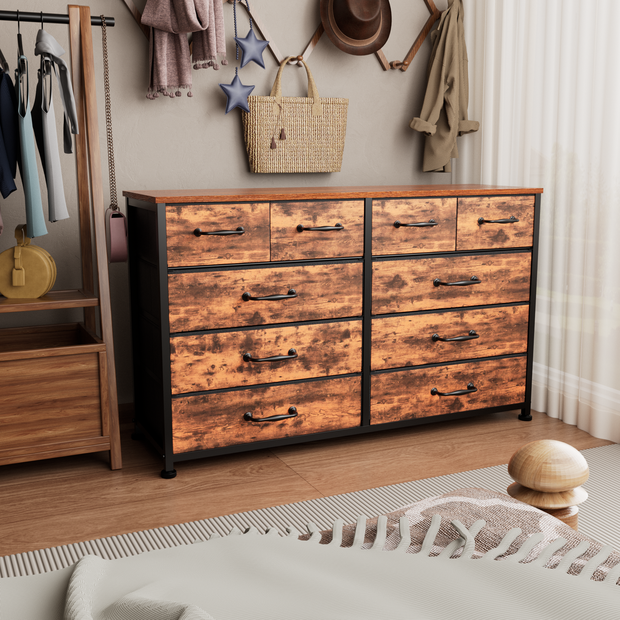 Wide Rustic Brown 10 Drawer Dresser Fabric Storage Chest of Drawers Large Organizer Unit Bedroom Furniture Entryway 50 Inch TV Stand