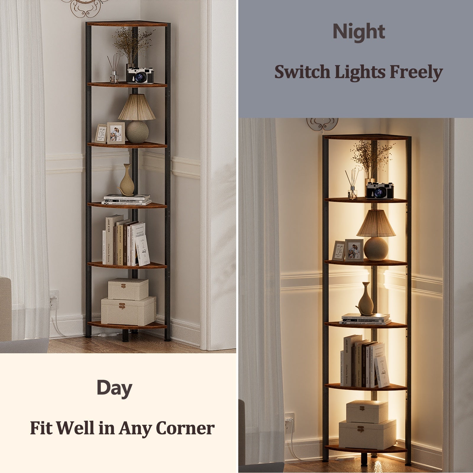 Furnulem 6 Tier Corner Shelf with LED Light, 67.5” Tall Standing Shelf Organizer, Narrow Bookshelf with Storage Rack for Wall Corner, Living Room