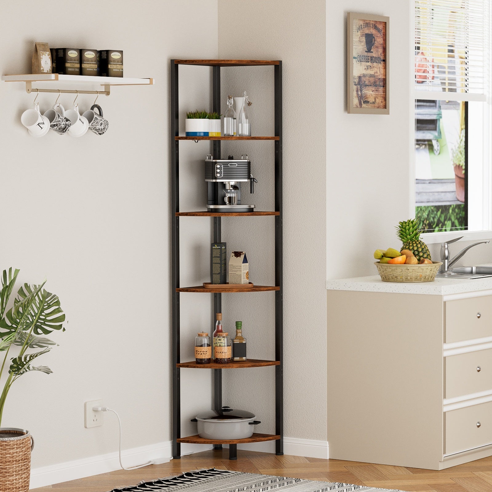 Furnulem 6 Tier Corner Shelf with LED Light, 67.5” Tall Standing Shelf Organizer, Narrow Bookshelf with Storage Rack for Wall Corner, Living Room