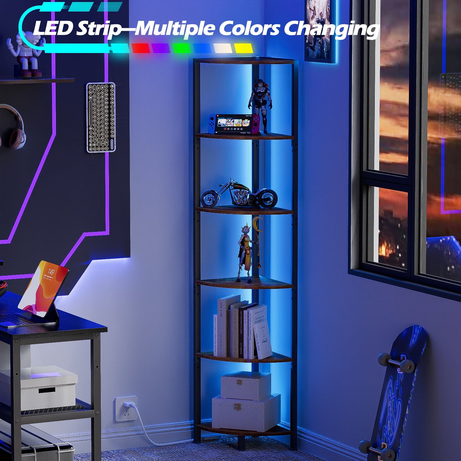 Furnulem 6 Tier Corner Shelf with LED Light, 67.5” Tall Standing Shelf Organizer, Narrow Bookshelf with Storage Rack for Wall Corner, Living Room