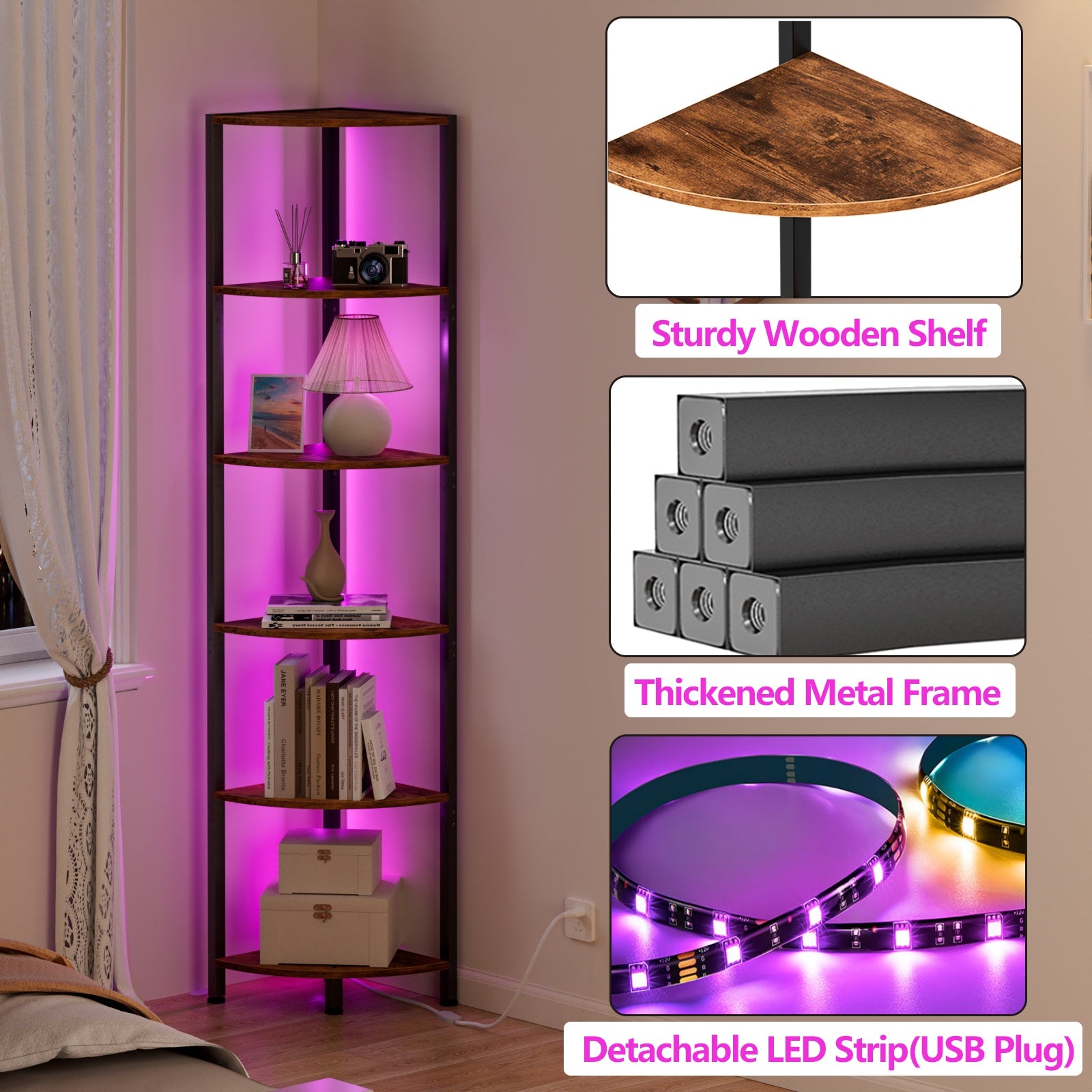 Furnulem 6 Tier Corner Shelf with LED Light, 67.5” Tall Standing Shelf Organizer, Narrow Bookshelf with Storage Rack for Wall Corner, Living Room