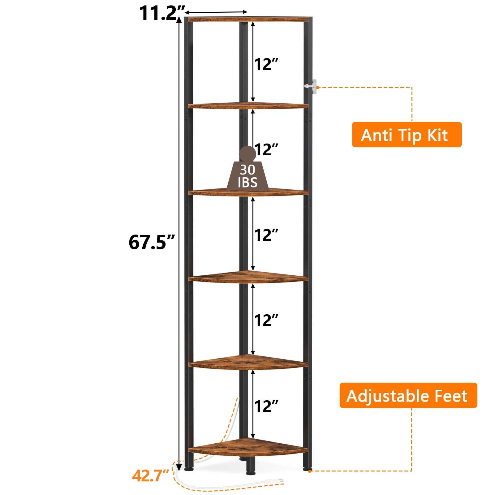 Furnulem 6 Tier Corner Shelf with LED Light, 67.5” Tall Standing Shelf Organizer, Narrow Bookshelf with Storage Rack for Wall Corner, Living Room
