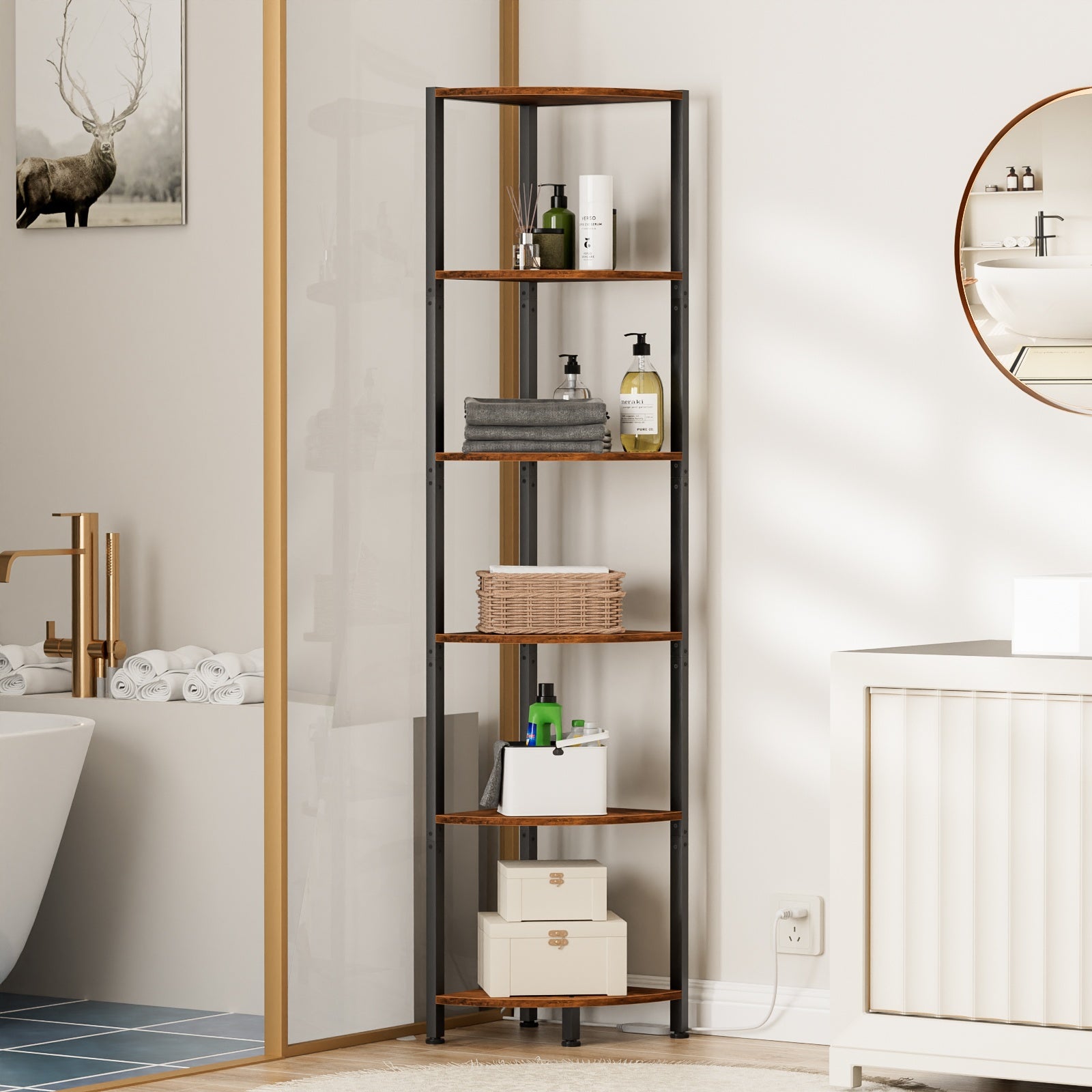 Furnulem 6 Tier Corner Shelf with LED Light, 67.5” Tall Standing Shelf Organizer, Narrow Bookshelf with Storage Rack for Wall Corner, Living Room