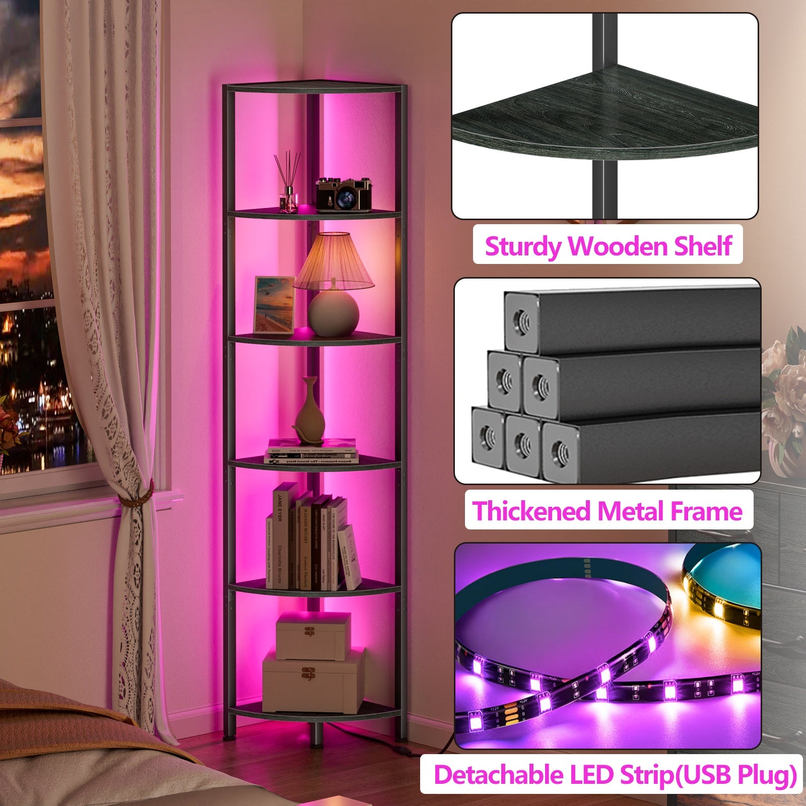Furnulem 6 Tier Corner Shelf with LED Light, 67.5” Tall Standing Shelf Organizer, Narrow Bookshelf with Storage Rack for Wall Corner, Living Room