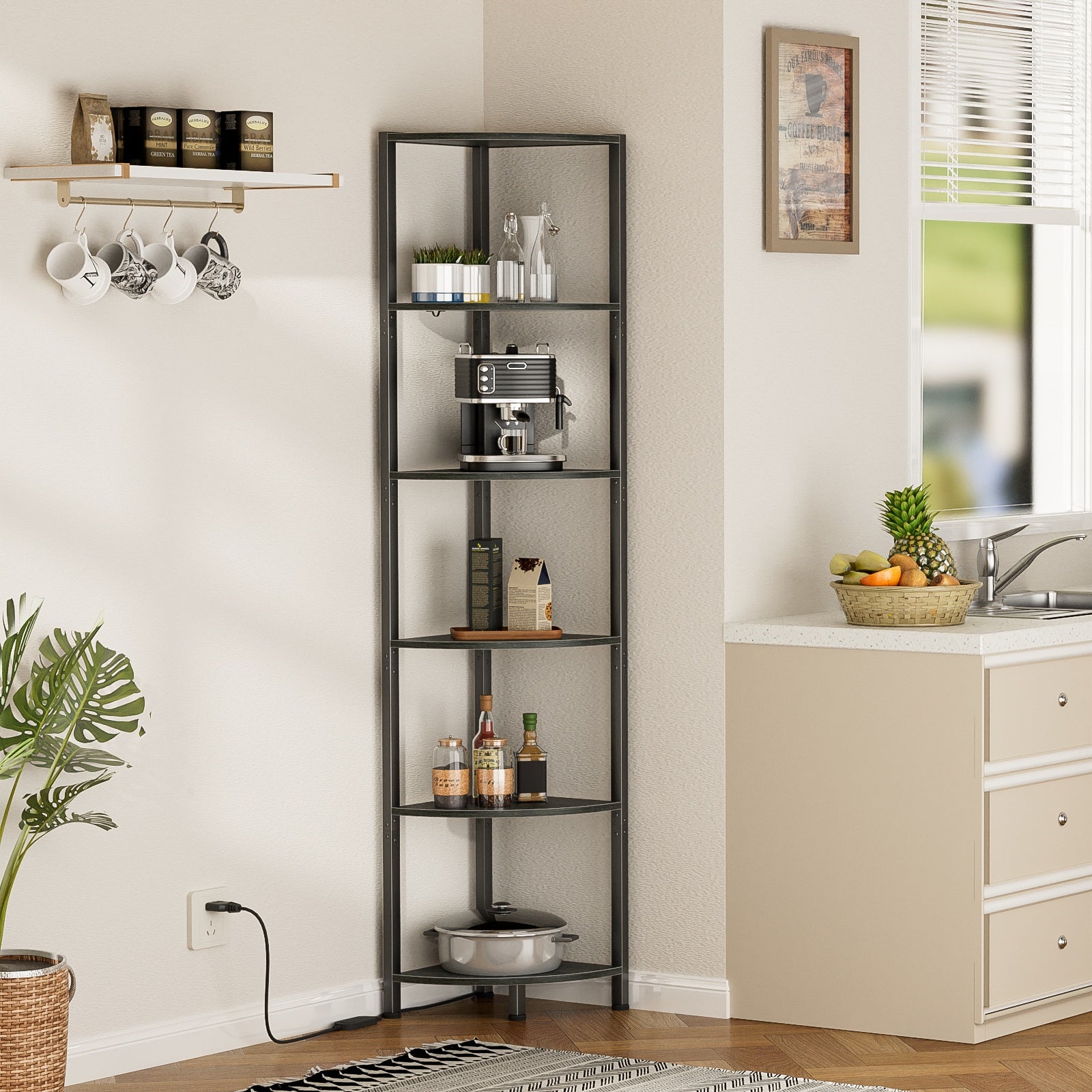 Furnulem 6 Tier Corner Shelf with LED Light, 67.5” Tall Standing Shelf Organizer, Narrow Bookshelf with Storage Rack for Wall Corner, Living Room