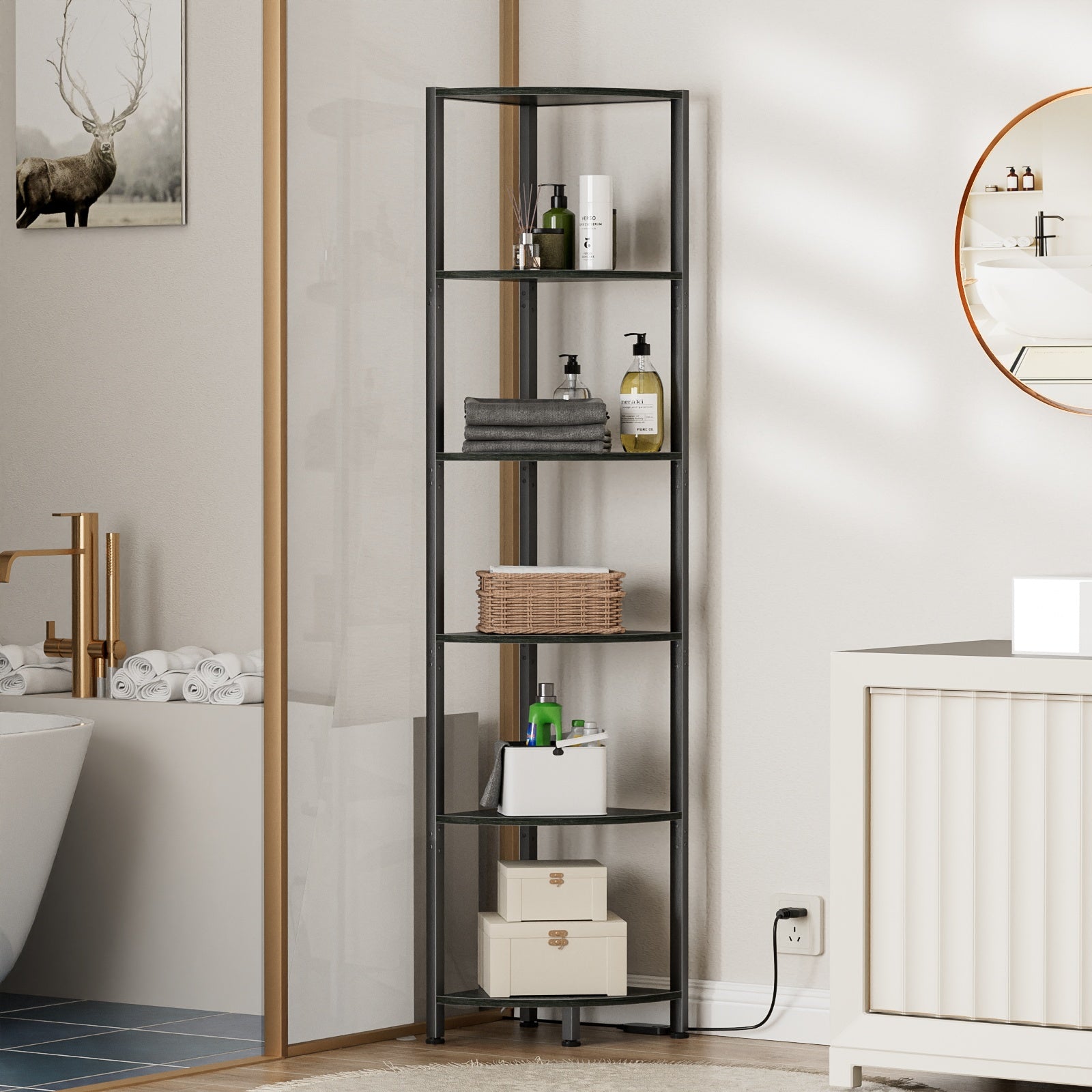 Furnulem 6 Tier Corner Shelf with LED Light, 67.5” Tall Standing Shelf Organizer, Narrow Bookshelf with Storage Rack for Wall Corner, Living Room