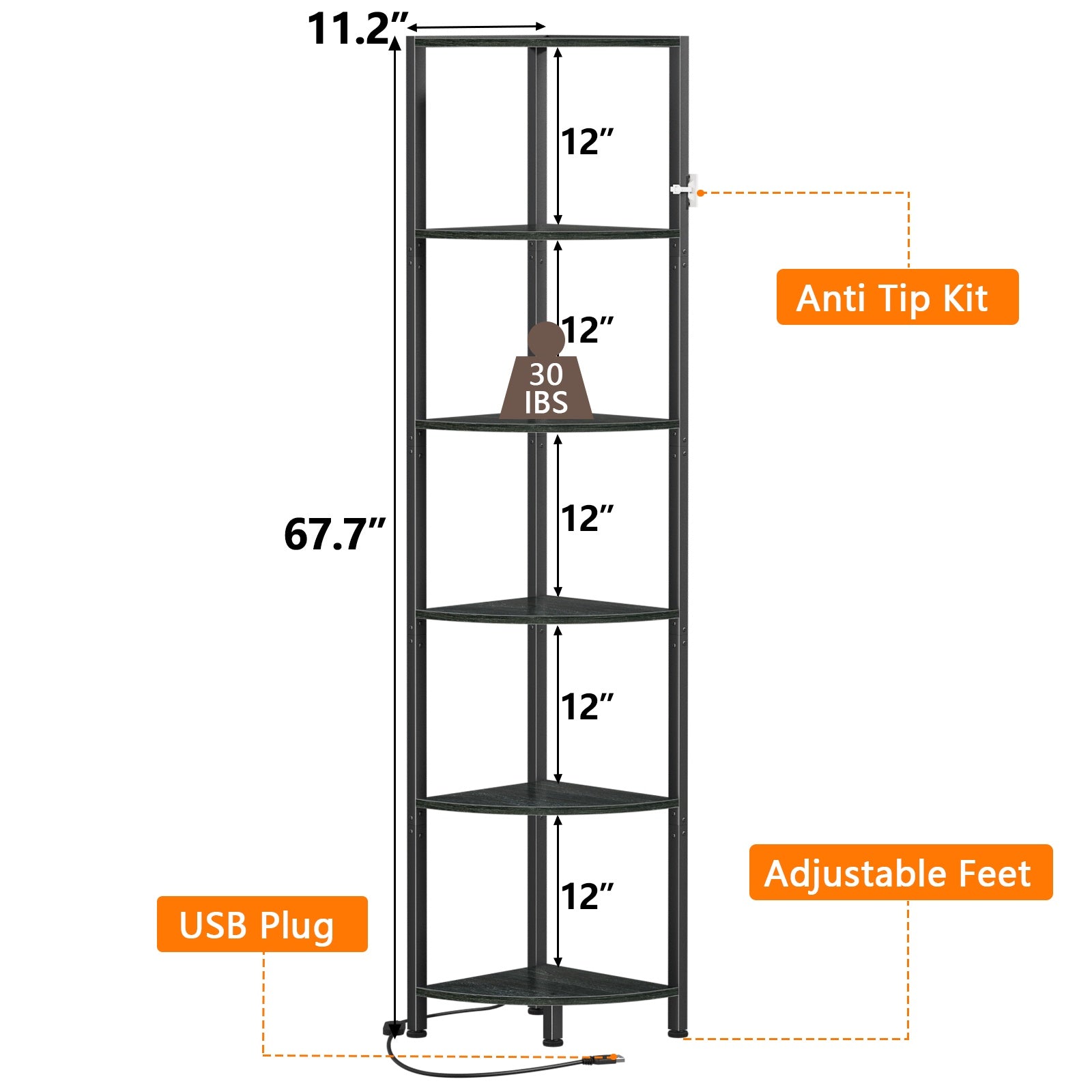 Furnulem 6 Tier Corner Shelf with LED Light, 67.5” Tall Standing Shelf Organizer, Narrow Bookshelf with Storage Rack for Wall Corner, Living Room
