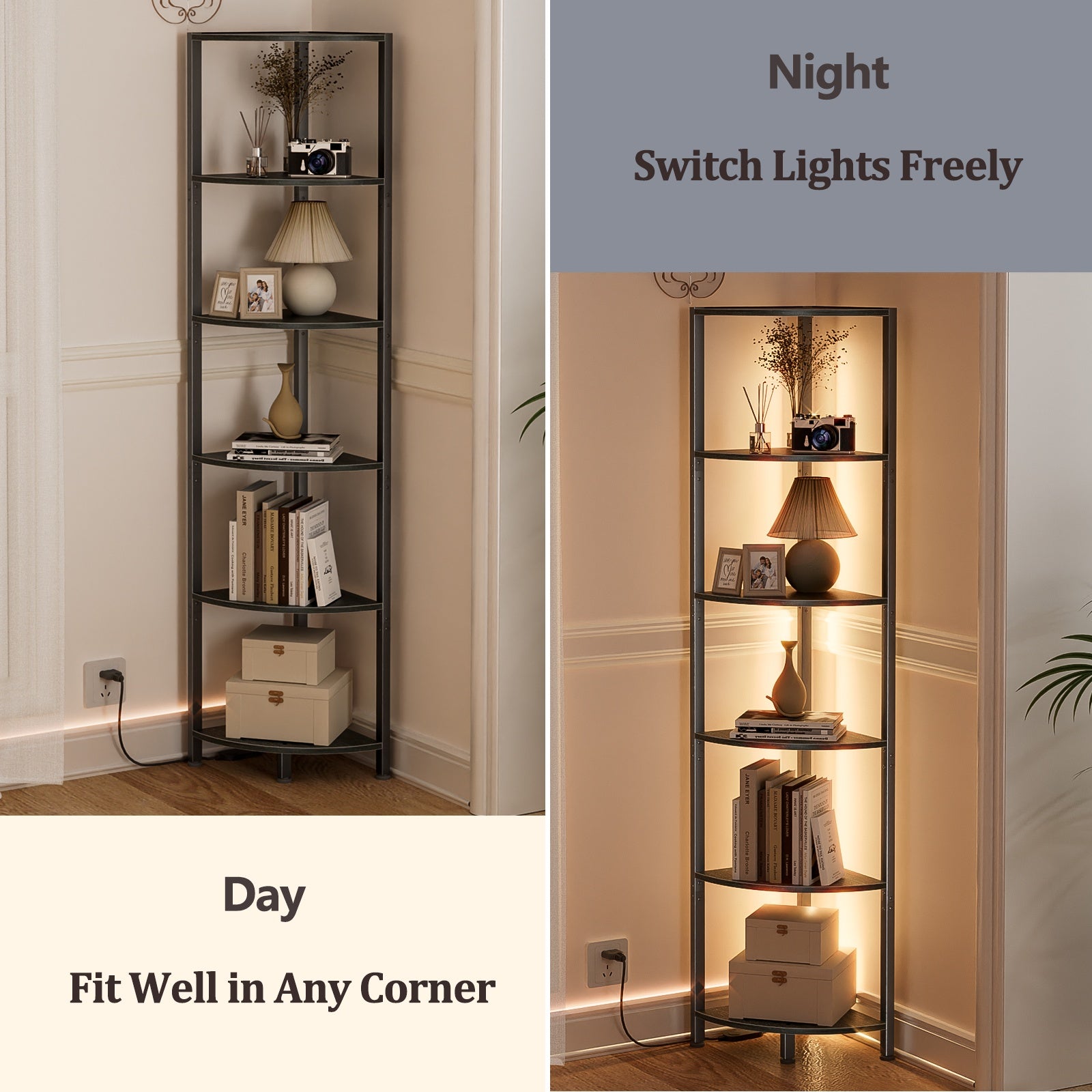 Furnulem 6 Tier Corner Shelf with LED Light, 67.5” Tall Standing Shelf Organizer, Narrow Bookshelf with Storage Rack for Wall Corner, Living Room