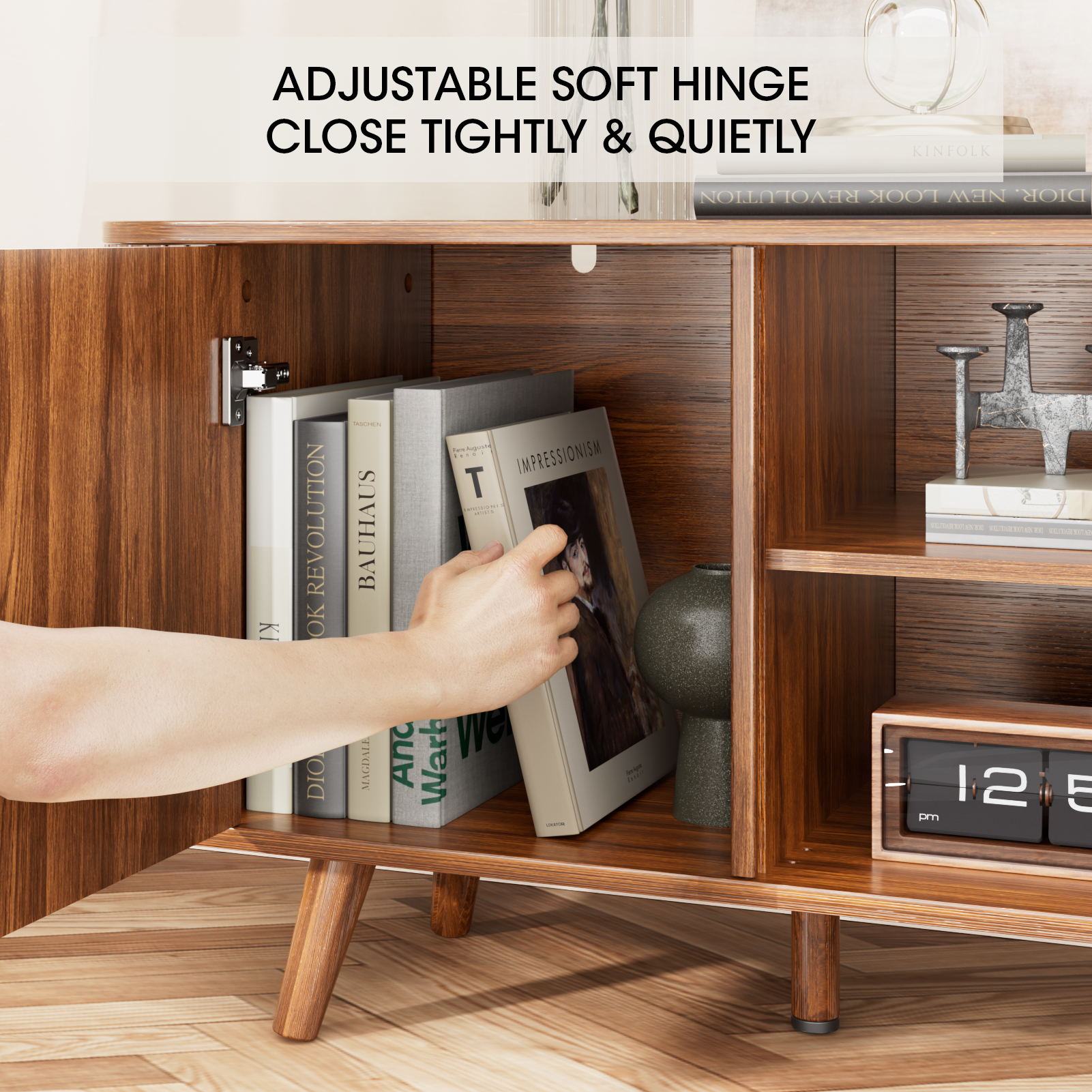 Curved Edge TV Stand Walnut Finish Media Console for 65 Inch TV Modern Fluted Door Credenza with Storage Mid Century Living Room Furniture