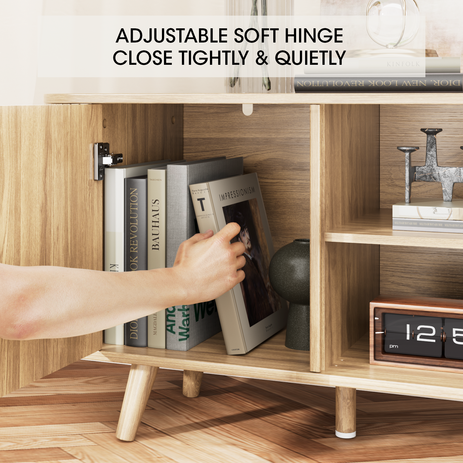 55 Inch Tambour Door TV Stand Oak Wood Media Cabinet for 65 Inch TV Arc Curved Edge Design Mid Century Modern Console with Open Shelves