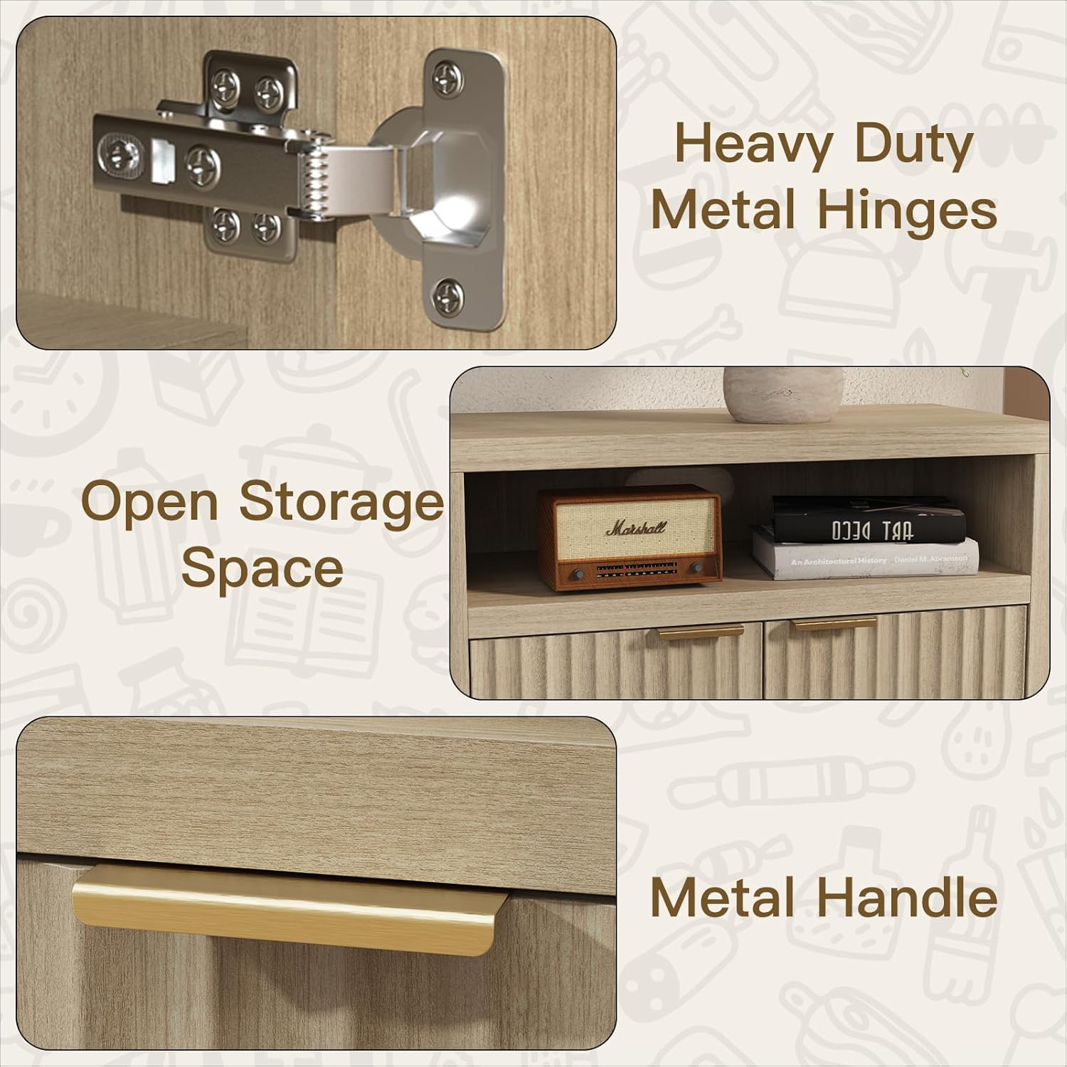 Fluted Sideboard Buffet Cabinet with Storage  with 2 Doors and Adjustable Shelves Small Wood Coffee Buffet Table for Living Room Dining Room Entryway