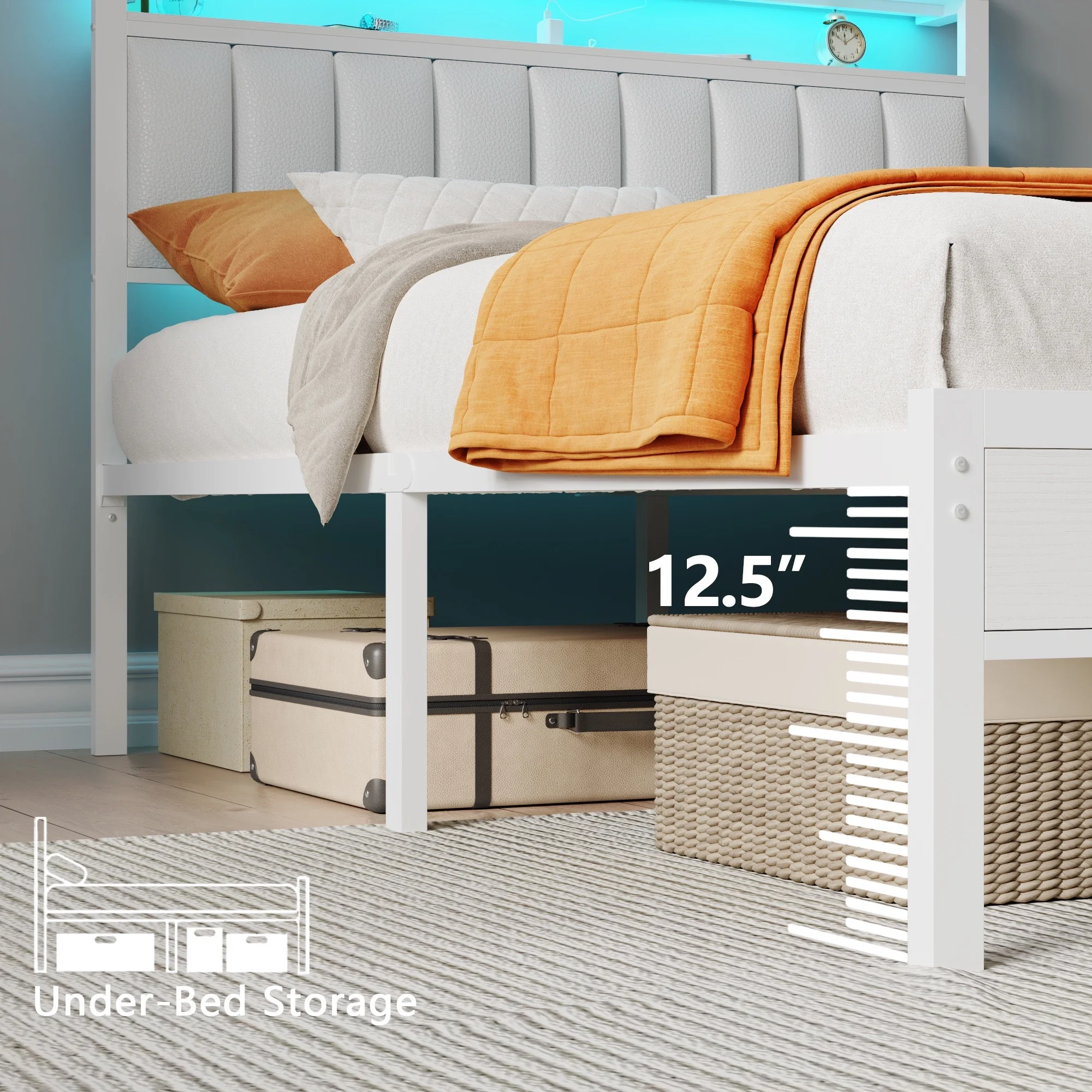 Full Size Bed Frames with LED Lights Charging Station Platform Bed with Metal Slats Headboard with 2-Tier Storage Shelves No Box Spring Needed White