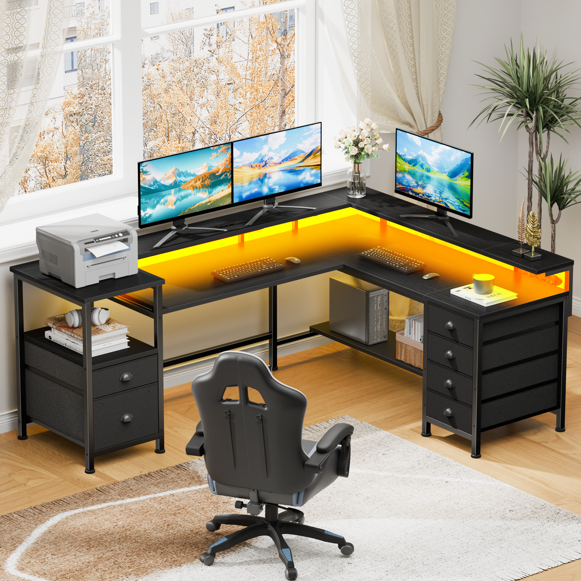 66 Inch Black L Shaped Gaming Desk with Charging Station Reversible Corner Computer Desk LED Lights 6 Drawers Monitor Stand Printer Shelf Storage