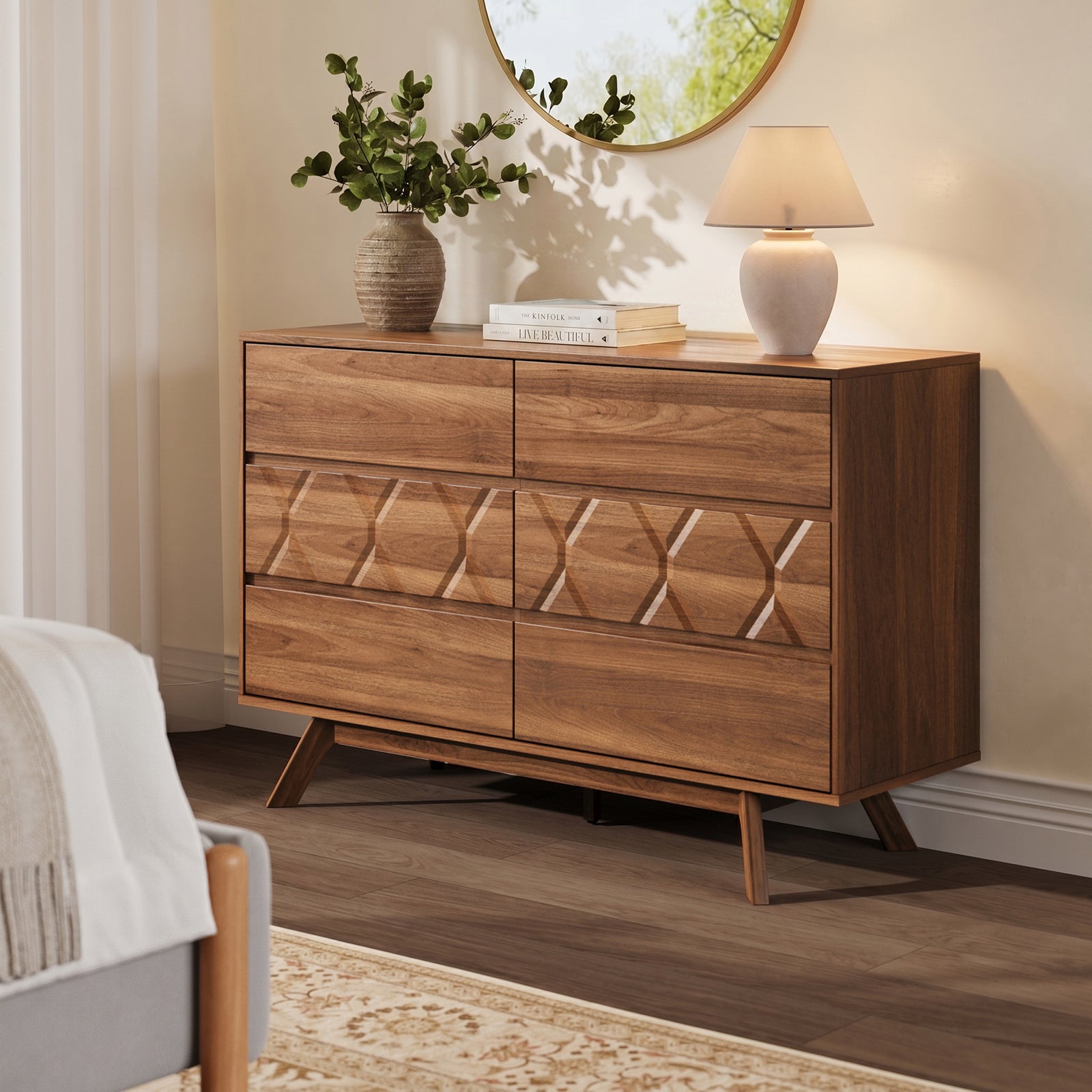 Qwatto 6 Drawer Dresser Mid Century Modern Wood Chest of Drawers Geometric Relief Storage Organizer for Bedroom Entryway Cherry Finish Anti-Tipping