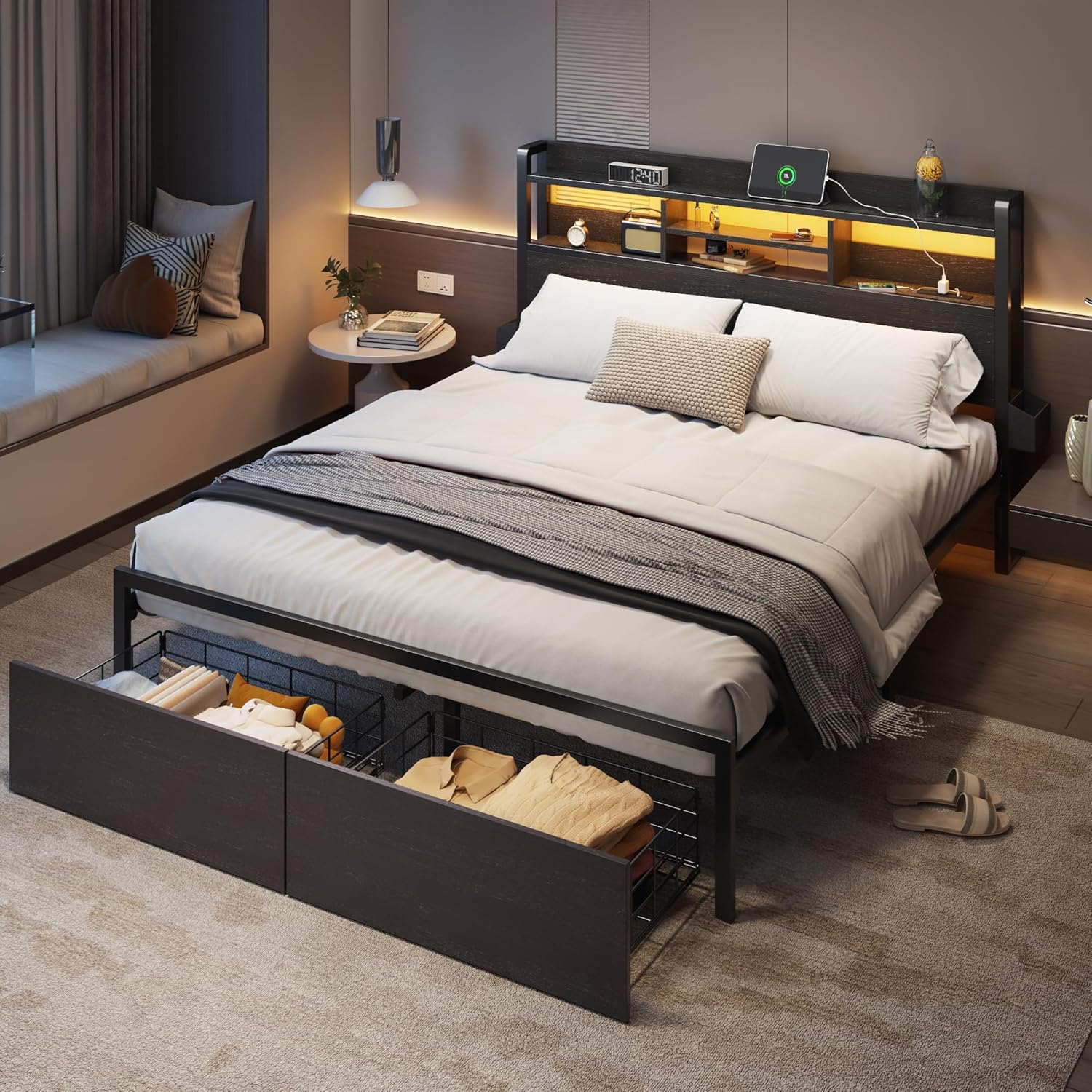 Furnulem Queen Bed Frame with Wood Headboard and Storage Shelf  Metal Platform Bed Frame Queen Size with Storage Drawers  No Box Spring Needed Black