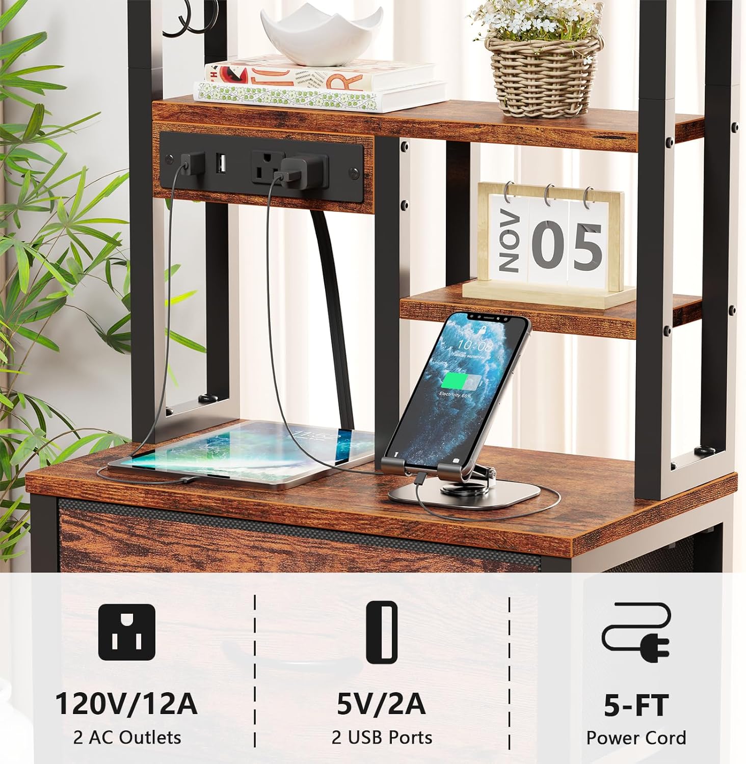 Qwatto Bedside Table with Charging Station and USB Port 4 Drawer Tall Nightstand with Shelves for Bedroom Dorm Wood Metal End Table Brown Finish