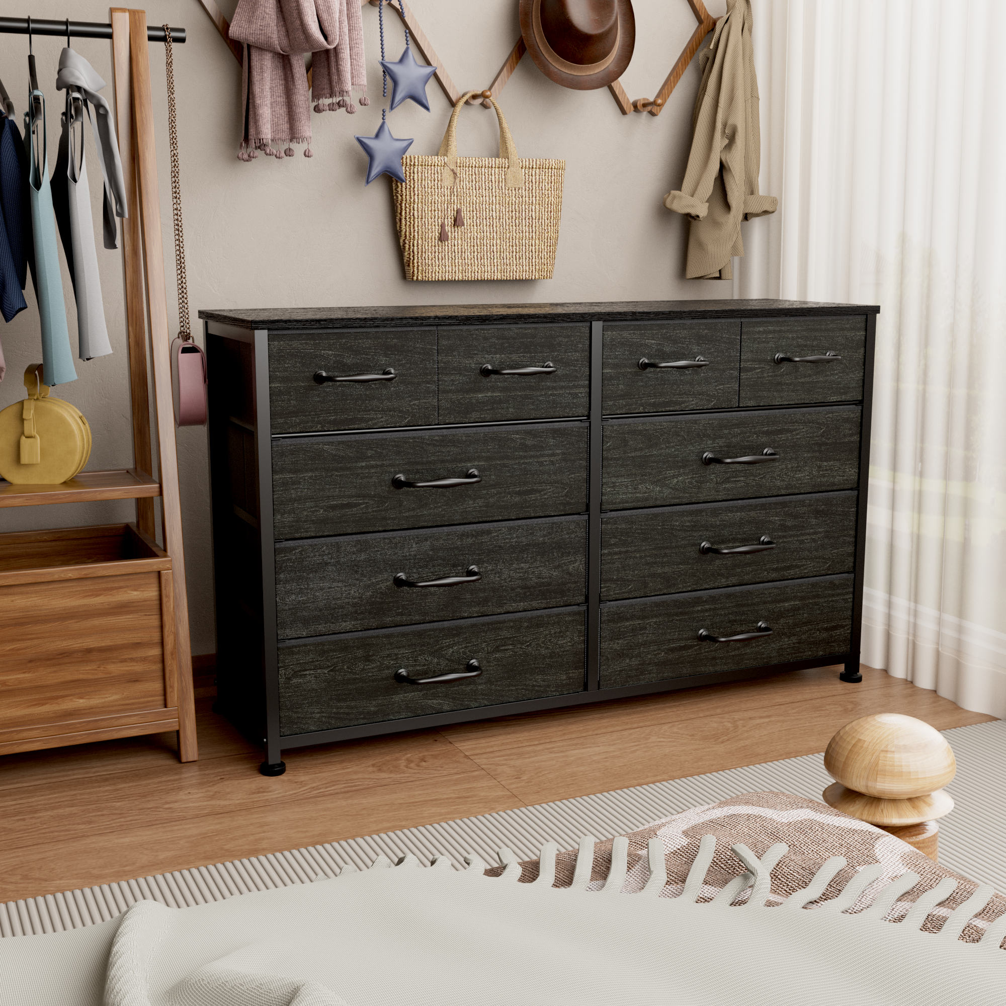 Black 10 Drawer Dresser TV Stand for 50 Inch TV Wide Fabric Storage Chest Media Console Entertainment Center Bedroom Living Room Organizer