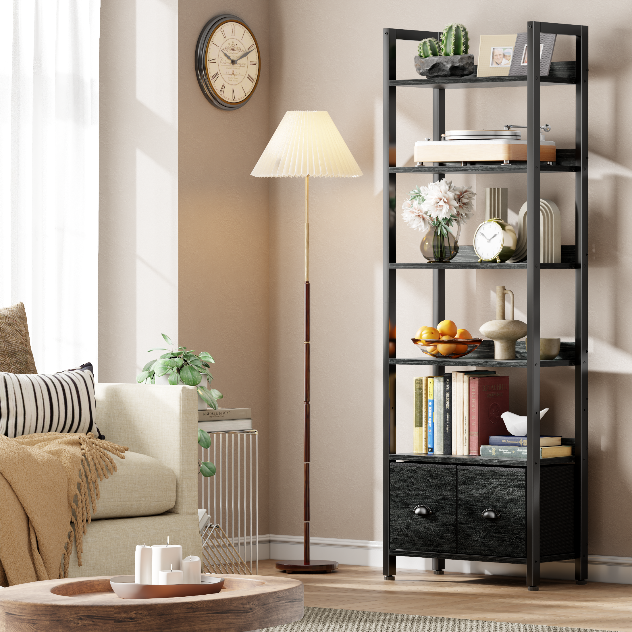 6 Tier Industrial Tall Bookcase with Two Storage Drawers Wood Metal Freestanding Bookshelf Display Organizer Shelf for Home Office Bedroom Black Oak