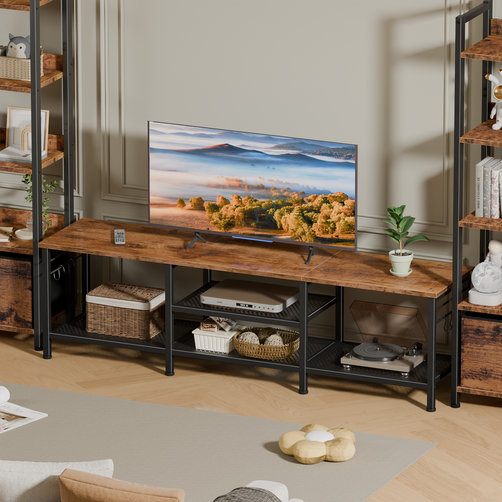 Qwatto 63 Inch Brown TV Stand for TVs up to 70 Inch Media Console Entertainment Center with Soundbar Shelf Open Storage Shelves Living Room Decor