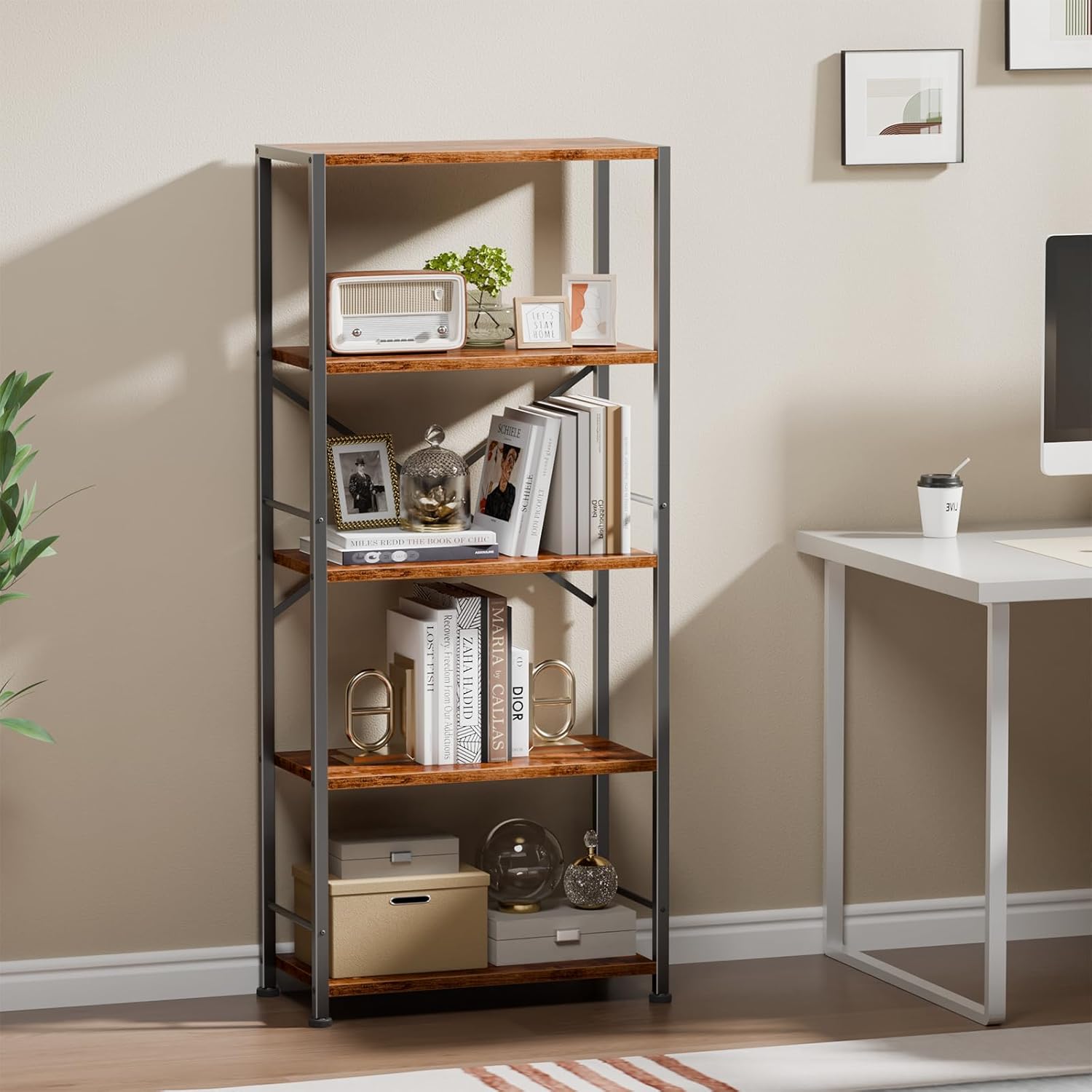 Qwatto Brown 5 Tier Tall Wide Bookshelf Wood Metal Industrial Open Display Shelving Unit Freestanding Etagere Bookcase Storage Organizer Living Room