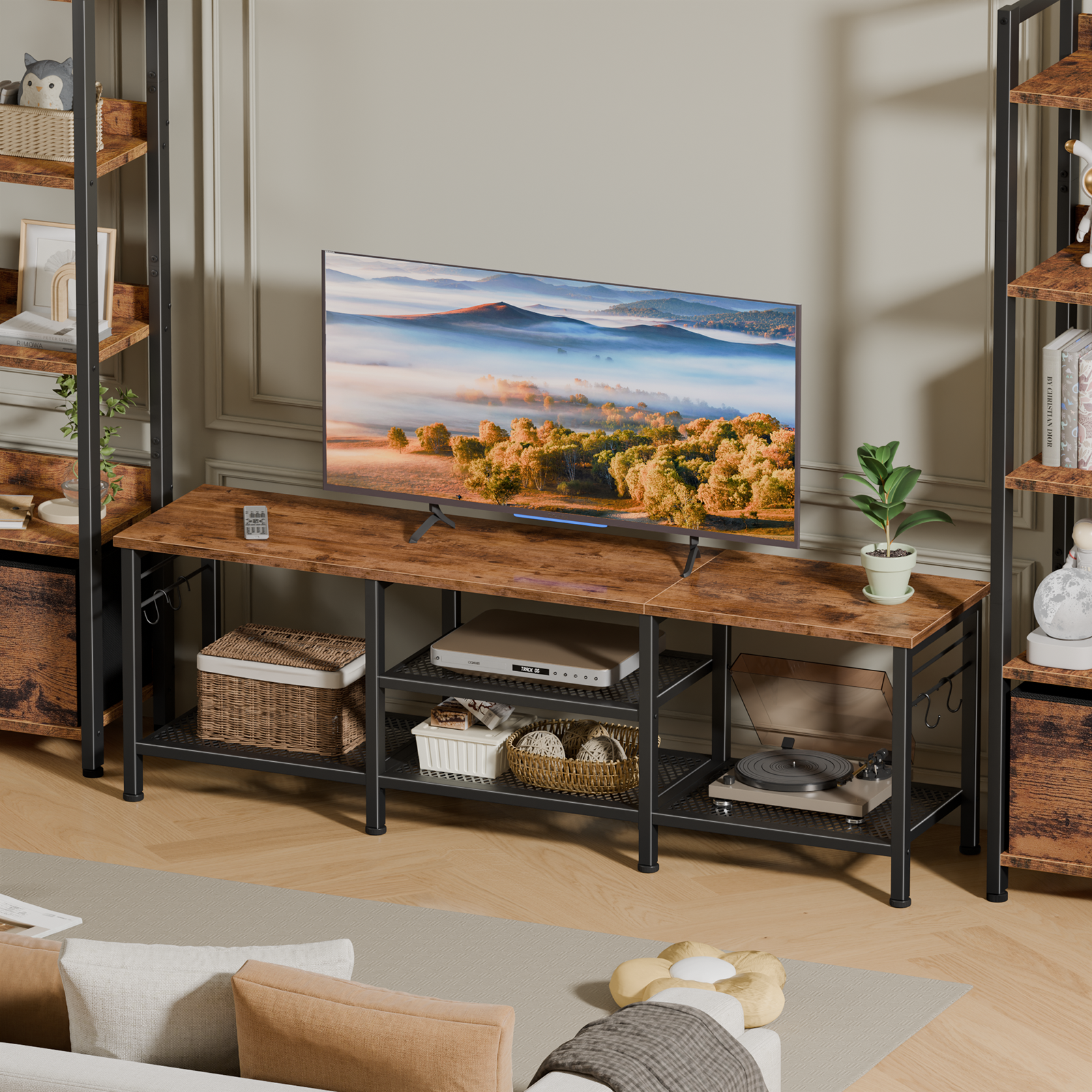 Qwatto Brown TV Stand for TVs up to 65 Inch Entertainment Center Media Console Table with Open Storage Shelves Soundbar Shelf Living Room Decor