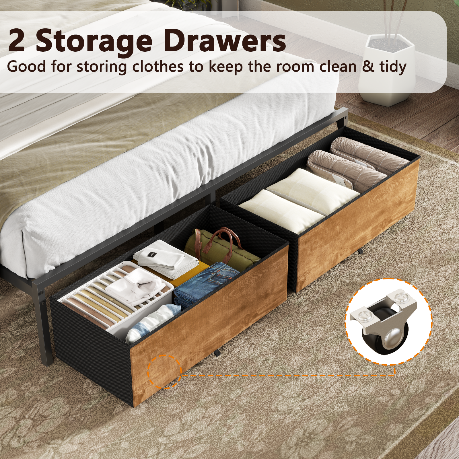 Queen Bed Frame with Wood Headboard Metal Platform Bed with 2 Storage Drawers Shelf Built-in Charging Station  LED Lights No Box Spring Needed