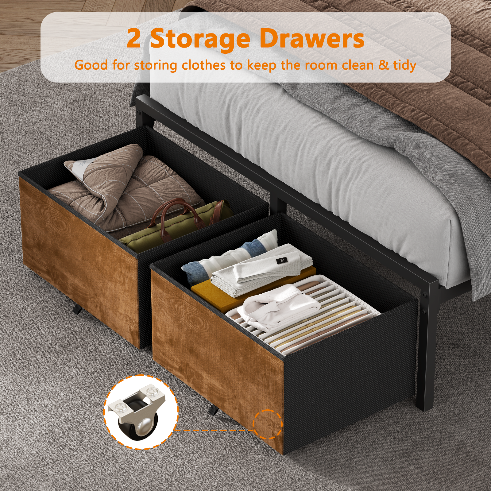 Twin Size Bed Frame with Wood Headboard Metal Platform Bed with 2 Storage Drawers Shelf Built in Charging Station LED Lights No Box Spring Needed