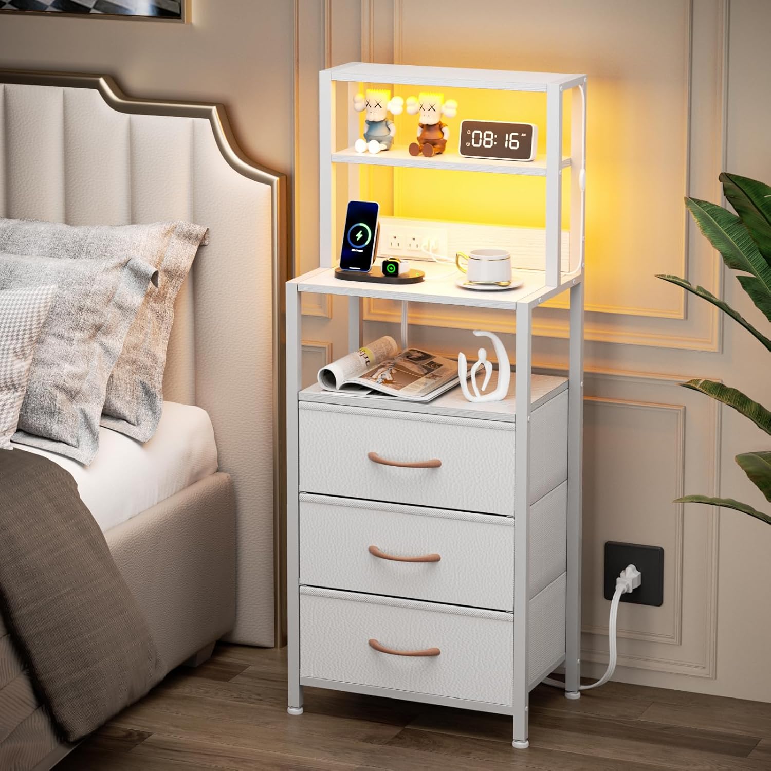 Furnulem Tall Nightstand with LED Tube and Charging Station-ET-110-CL-3D-1