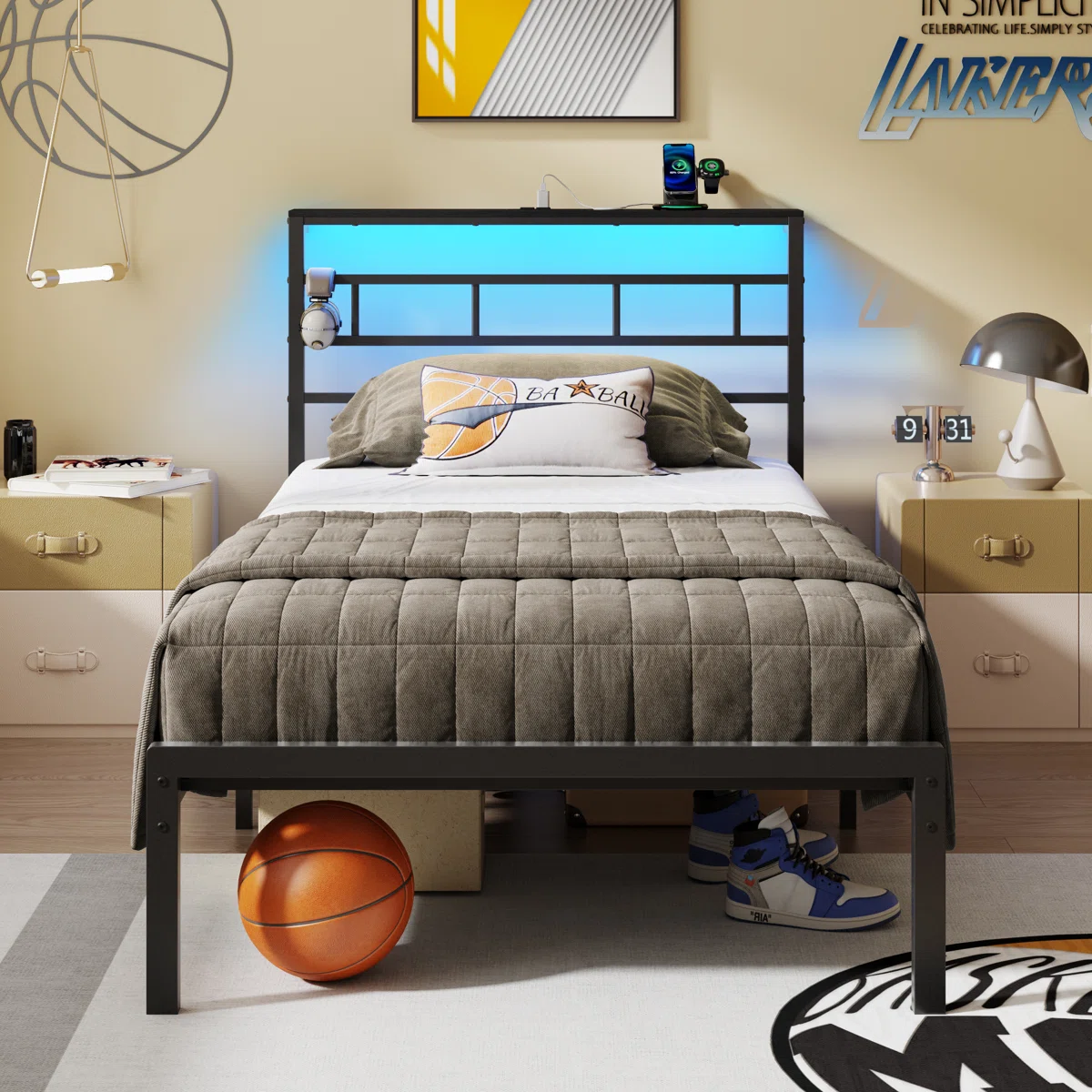 Metal Platform Bed Frame With Storage Headboard Twin Bed with Adjustable LED Light and Charging Station No Box Spring Needed