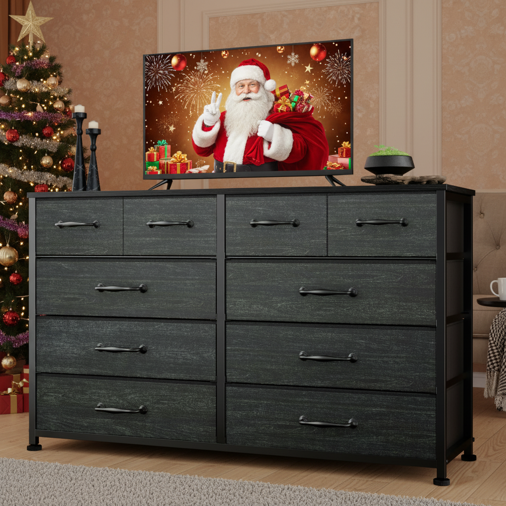 Black Dresser with 10 Fabric Dresser  Tv Stand for Bedroom for 40-45-50 inch Tv Entertainment Center Chest of Drawers for Living Room Hallway Entryway