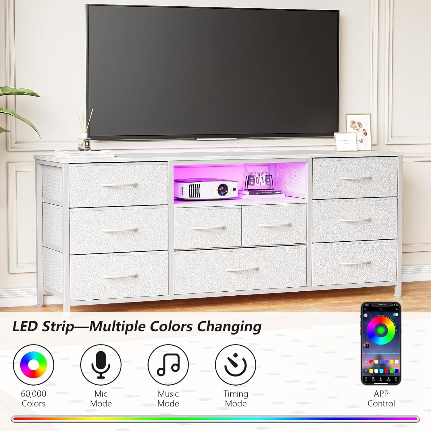 Furnulem 9 Drawer Dresser 55” Long TV Stand for Bedroom Entertainment Center with Power Outlet & LED Light for 55"-65" TV  with Fabric Storage Drawers