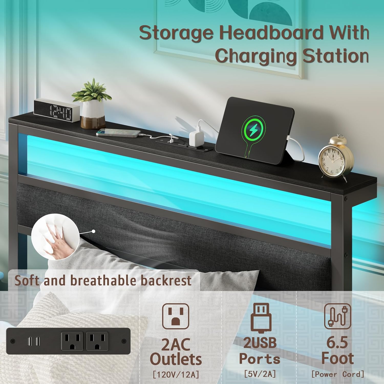 Twin Bed Frames for Kids Metal Platform Bed Frame  with Upholstered Headboard Wood Storage Shelf Charging Station and LED Lights No Box Spring Needed