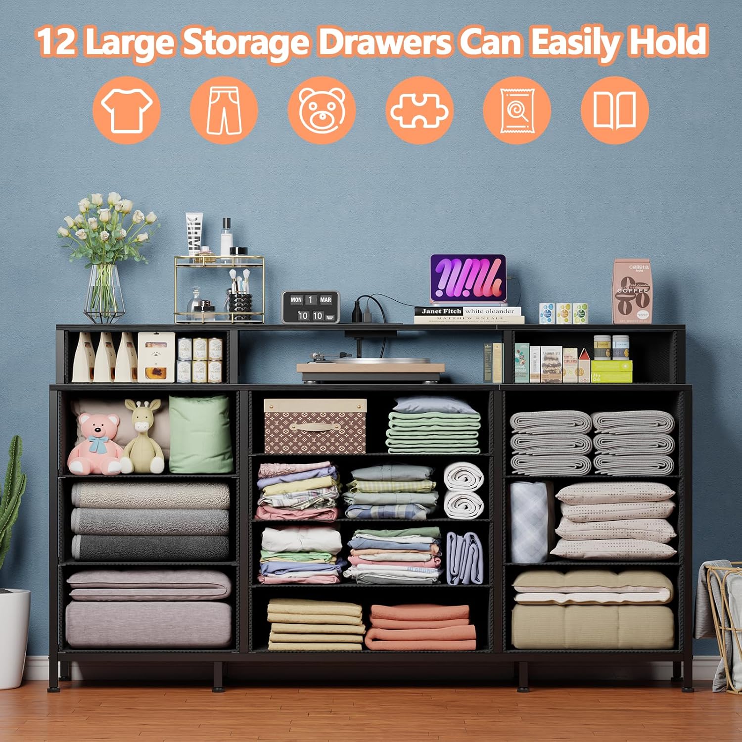 Furnulem 63" Dresser with LED, Outlets & 12 Drawers – Fabric Chest for Bedroom & Closet