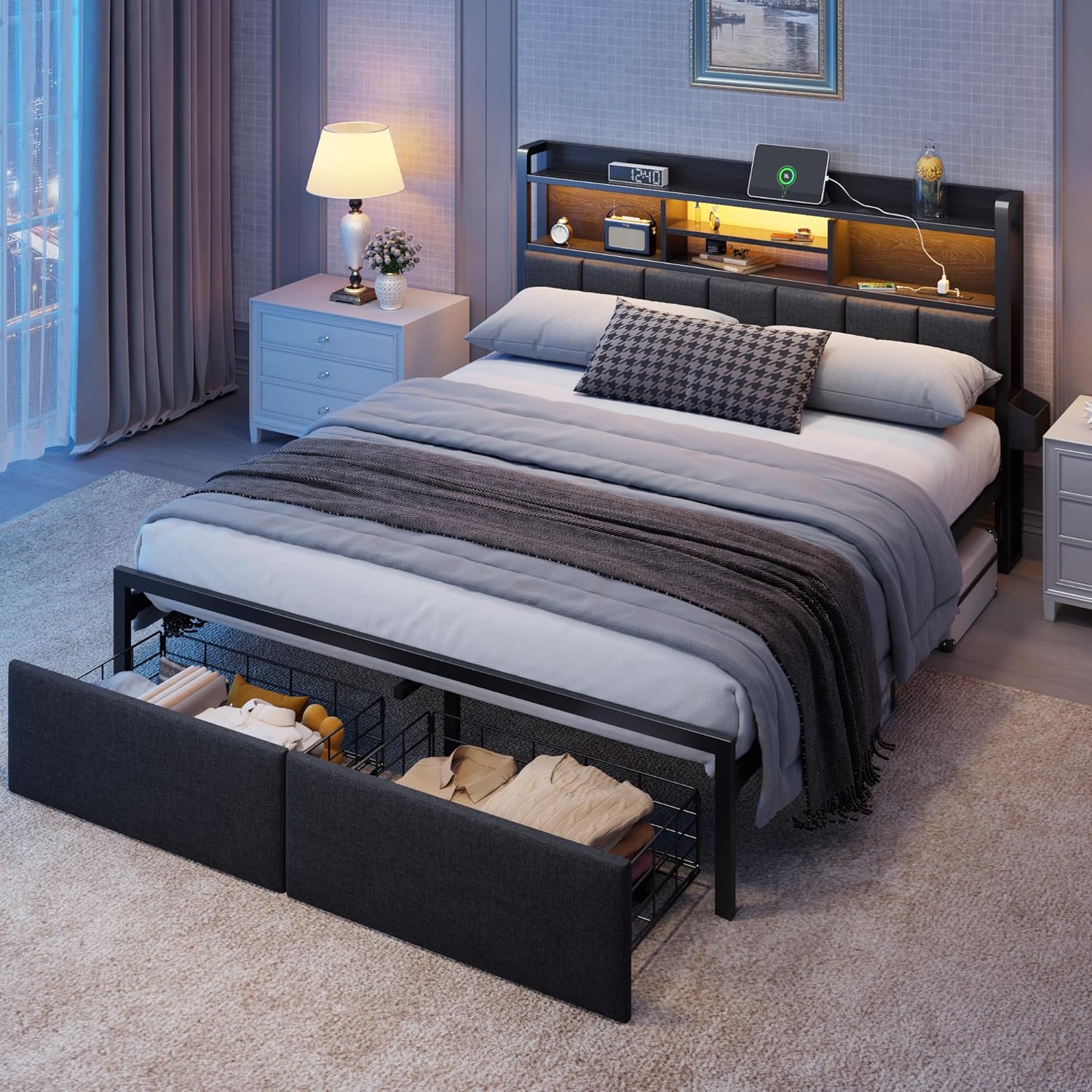 Furnulem Queen Bed Frame with Storage Drawers  Upholstered Headboard with Storage Shelf  LED Lights and Charging Station  Metal Platform Bed Frame