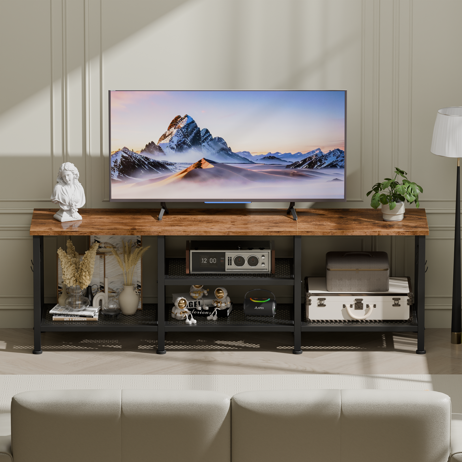 Qwatto Brown TV Stand for TVs up to 65 Inch Entertainment Center Media Console Table with Open Storage Shelves Soundbar Shelf Living Room Decor