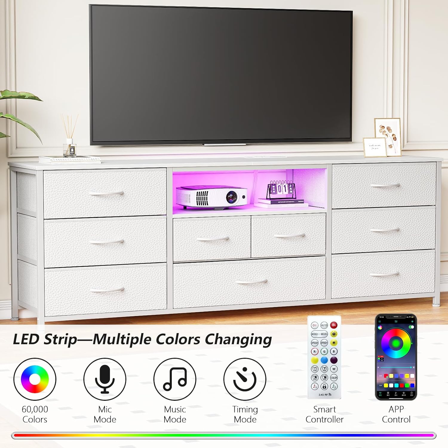 Furnulem 9 Drawer Dresser 63” Long TV Stand for Bedroom Entertainment Center with Power Outlet  LED Light for 65"-75" TV White Dresser with Fabric