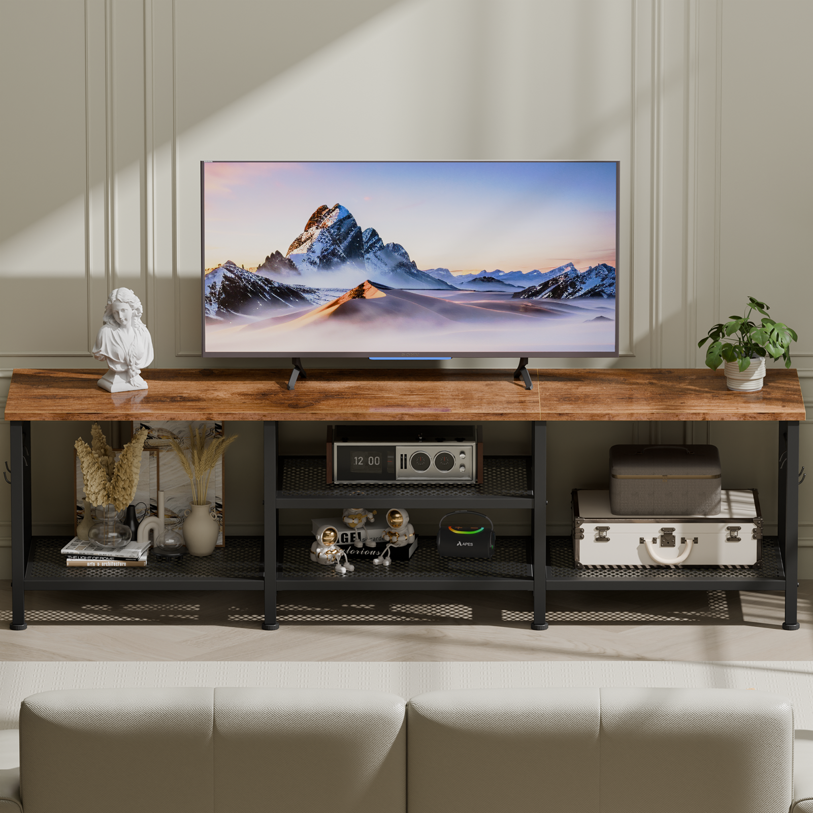 Qwatto 63 Inch Brown TV Stand for TVs up to 70 Inch Media Console Entertainment Center with Soundbar Shelf Open Storage Shelves Living Room Decor