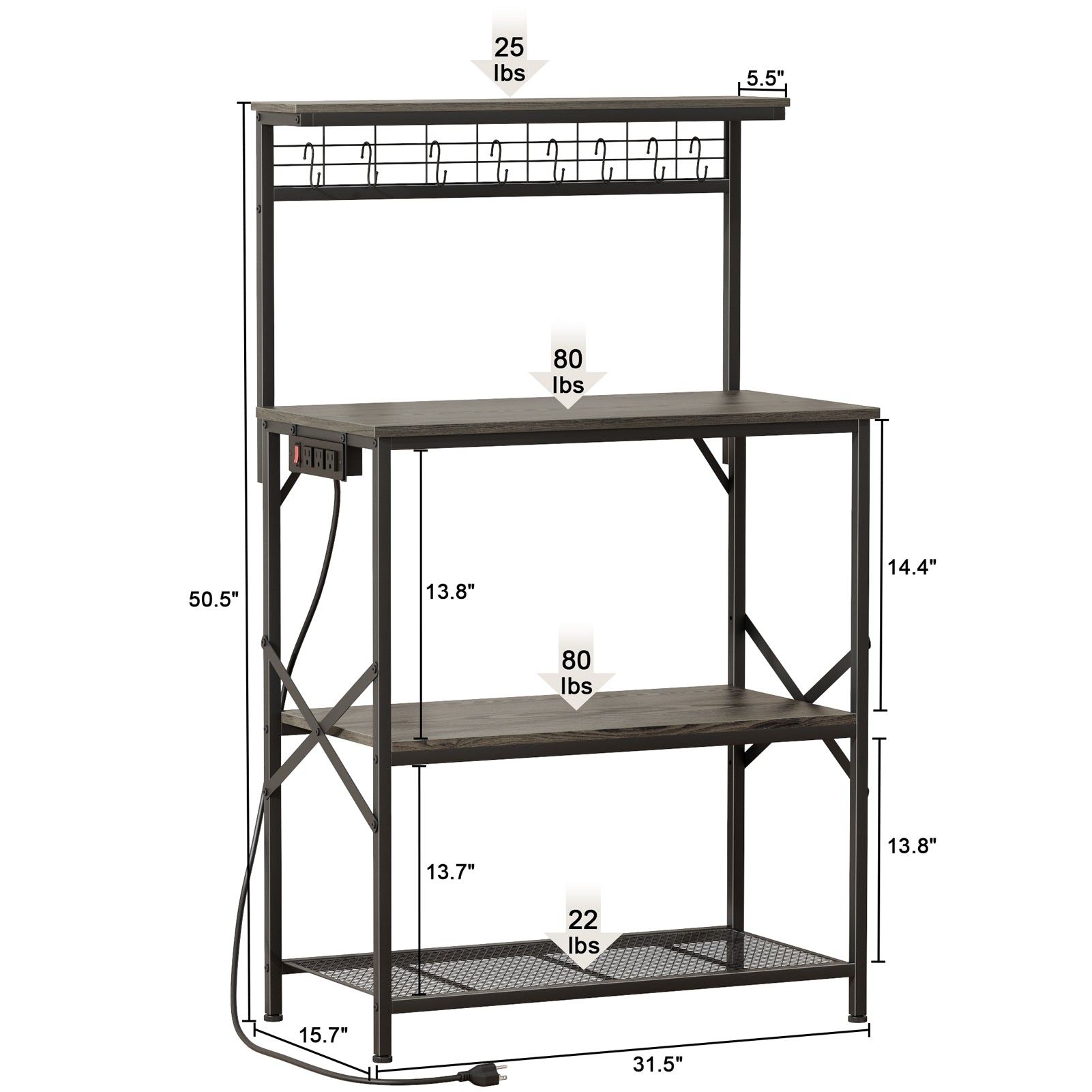 Qwatto Kitchen Bakers Rack with Power Outlets 31.5 Inch Coffee Bar Station 4 Tier Microwave Stand Storage Shelf with S Hooks Black Oak Utility Table