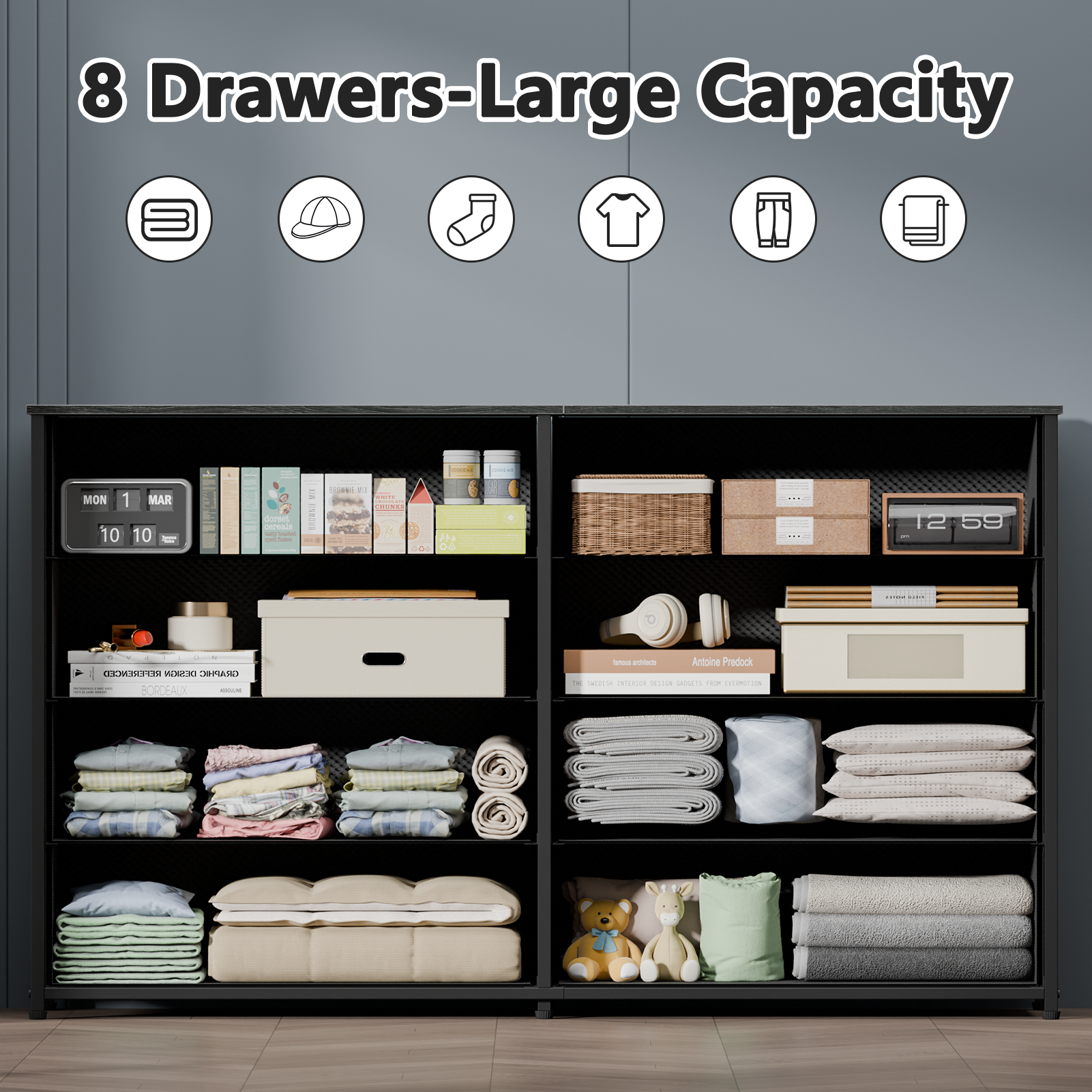 Wide Fabric Dresser for Bedroom 8 Drawer Storage Chest 55 Inch TV Stand Entertainment Center Wood Top Organizer Unit Living Room Hallway Furniture